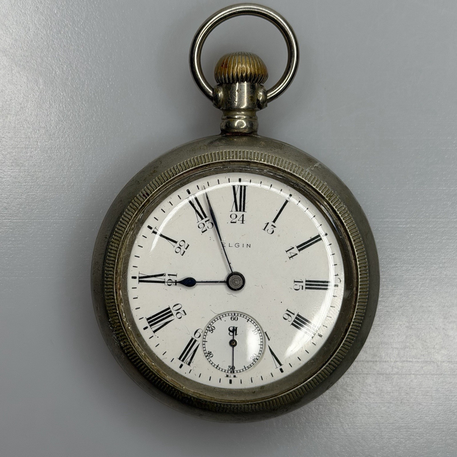 Antique Elgin 18-Size Pocket Watch 7J Canadian 24-Hour Dial Silverode PARTS RUNS