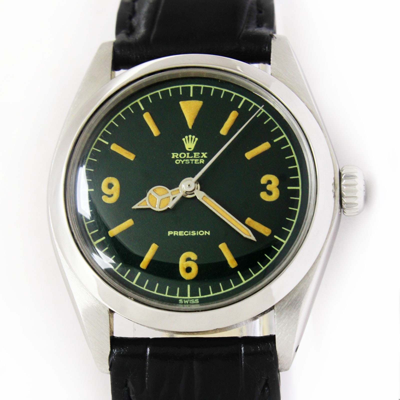 Vintage Rolex Oyster Precision Winding Green Dial 34mm Men Steel Watch Ref 6426