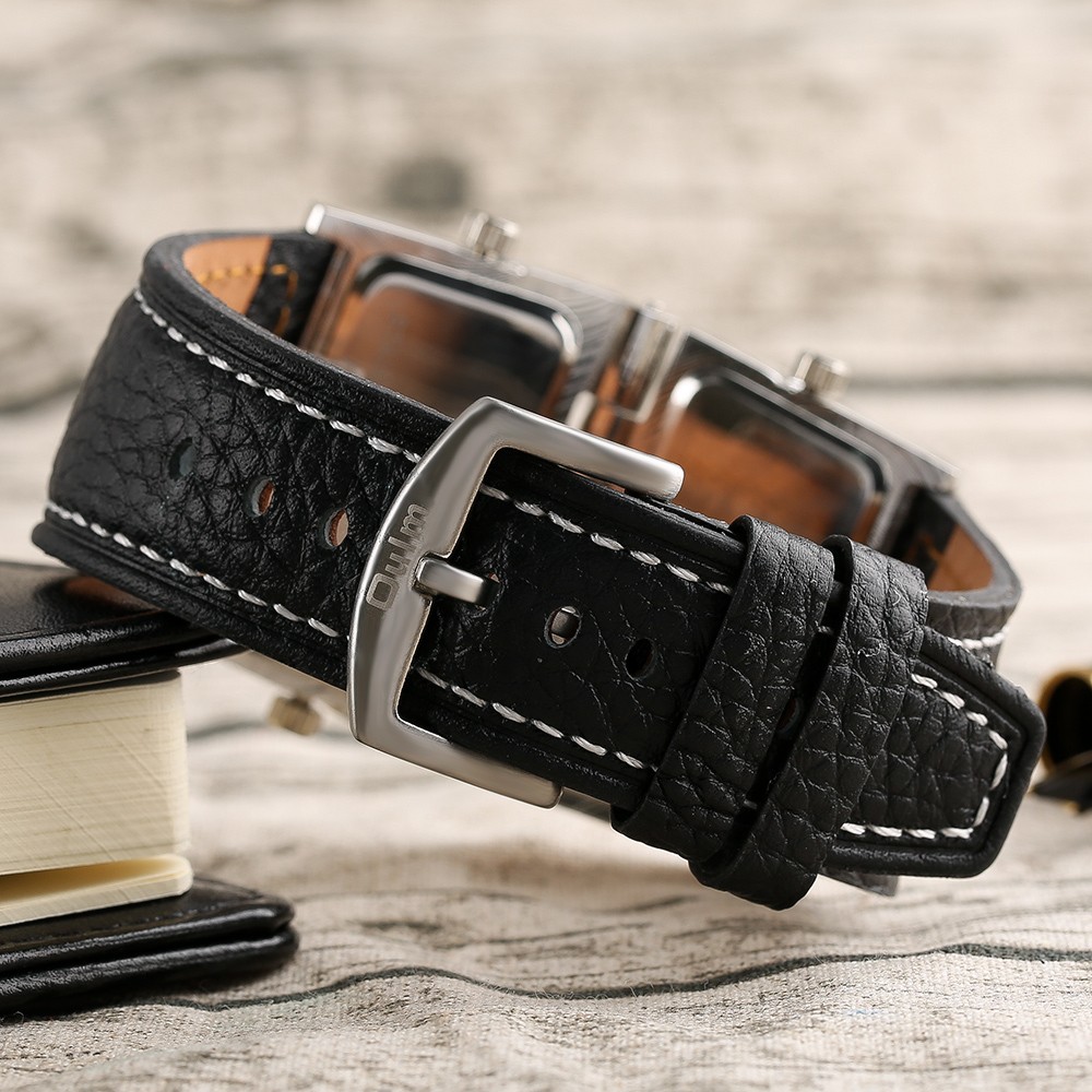 OULM Men’s Dual Display Watches Fold Oversize Dial Leather Watch Steampunk Gifts