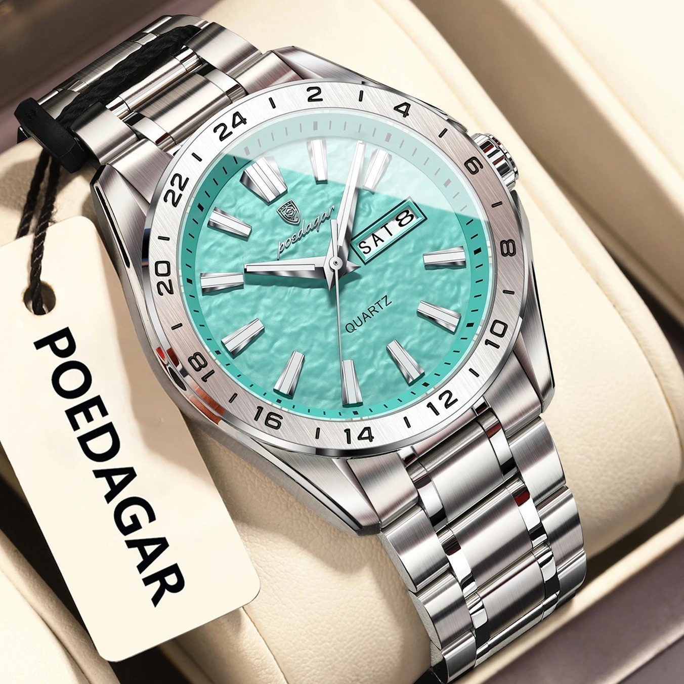 40MM POEDAGAR Quartz Luxury Wristwatch Men’s Waterproof Stainless Luminous NEW