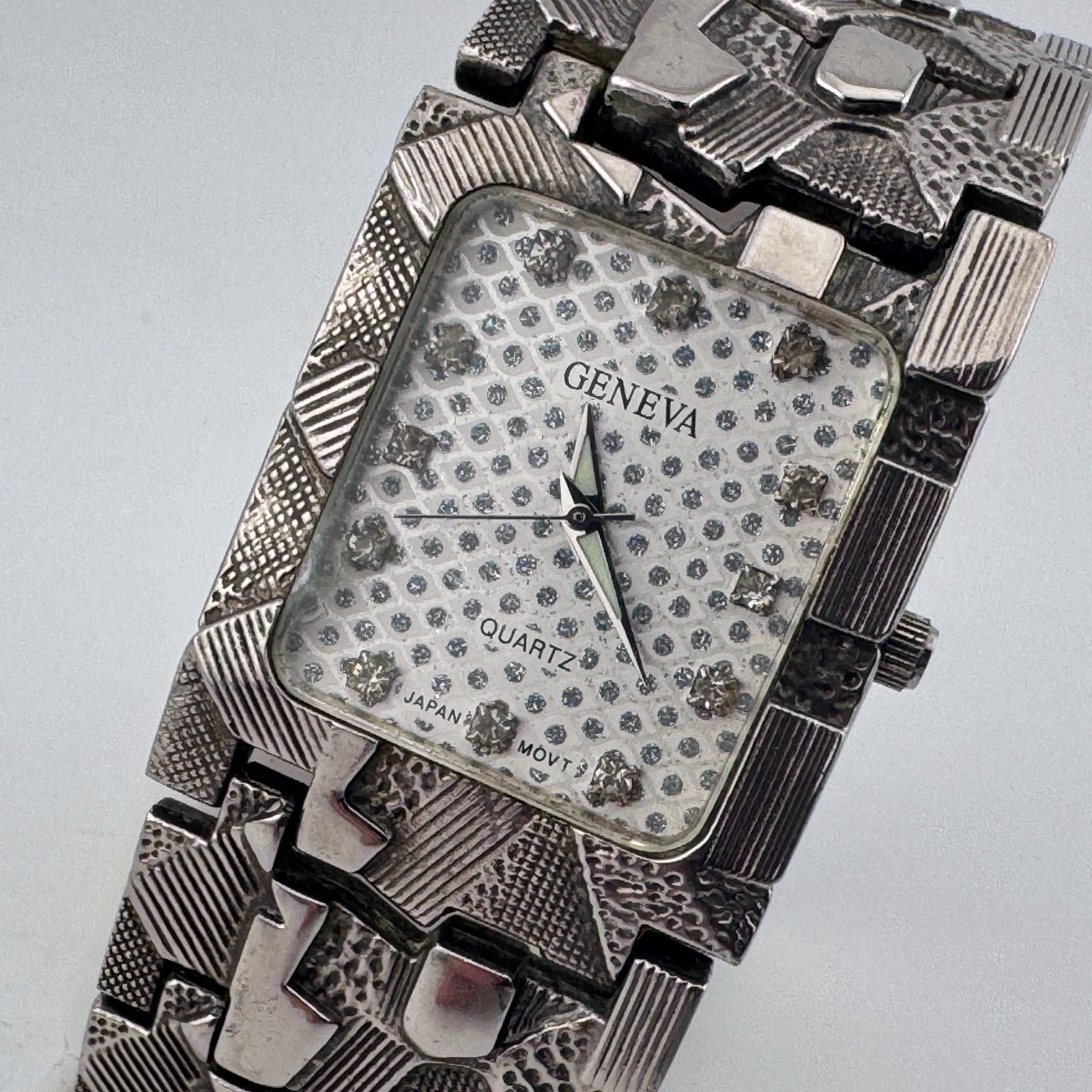 Vintage Geneva Quartz Watch Men Silver Nugget Rectangle Diamonds New Battery 8″