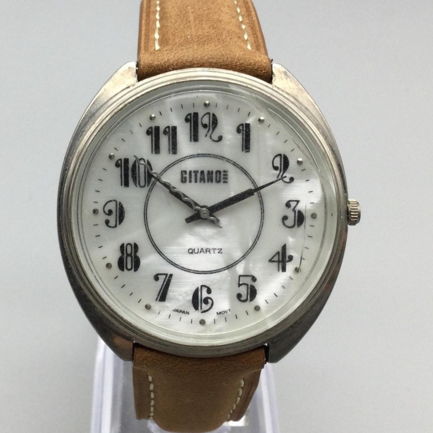 Gitano Time Watch Unisex 39mm Silver Tone MOP Dial Tan Leather Strap New Battery