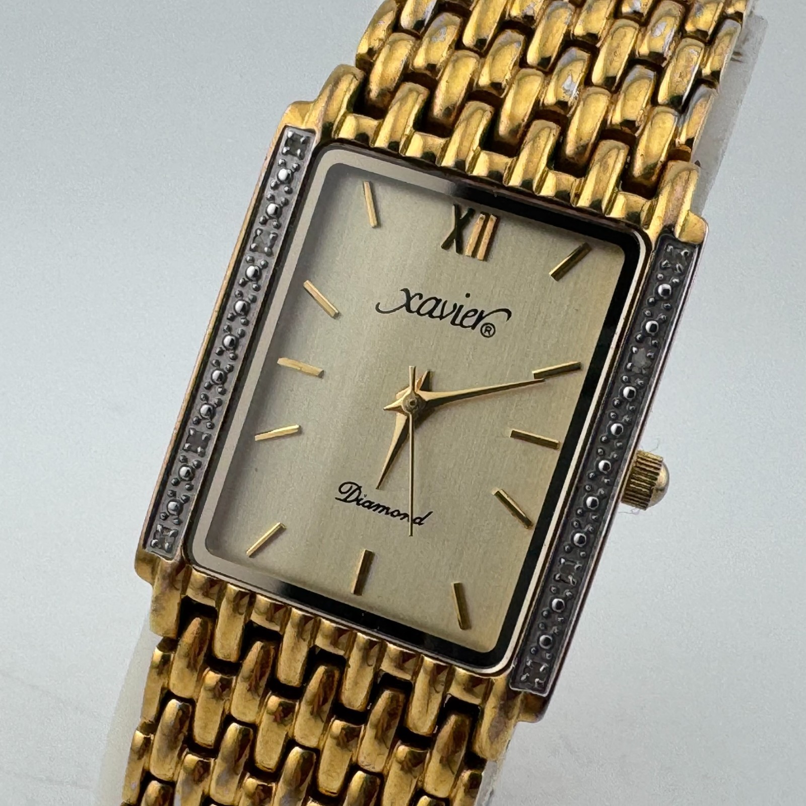 VTG Xavier Quartz Watch Men Gold Tone Rectangle Diamonds Analog New Battery 8″