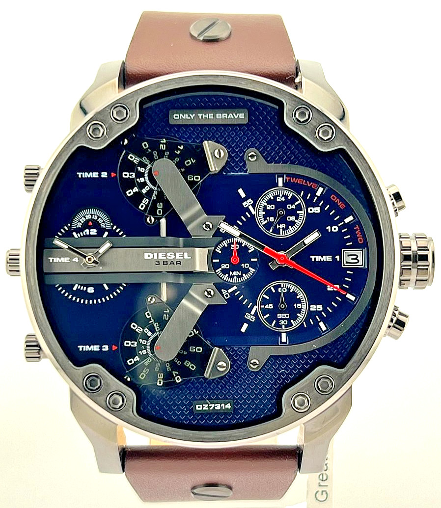 NEW DIESEL Mr DADDY 2.0 DZ7314 CHRONOGRAPH NAVY BLUE DIAL BROWN STRAP 57MM MENS