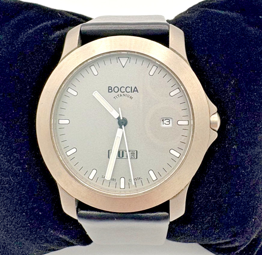 Boccia Titanium Mens Watch Day Date Sapphire Crystal 10 Bar Leather Band