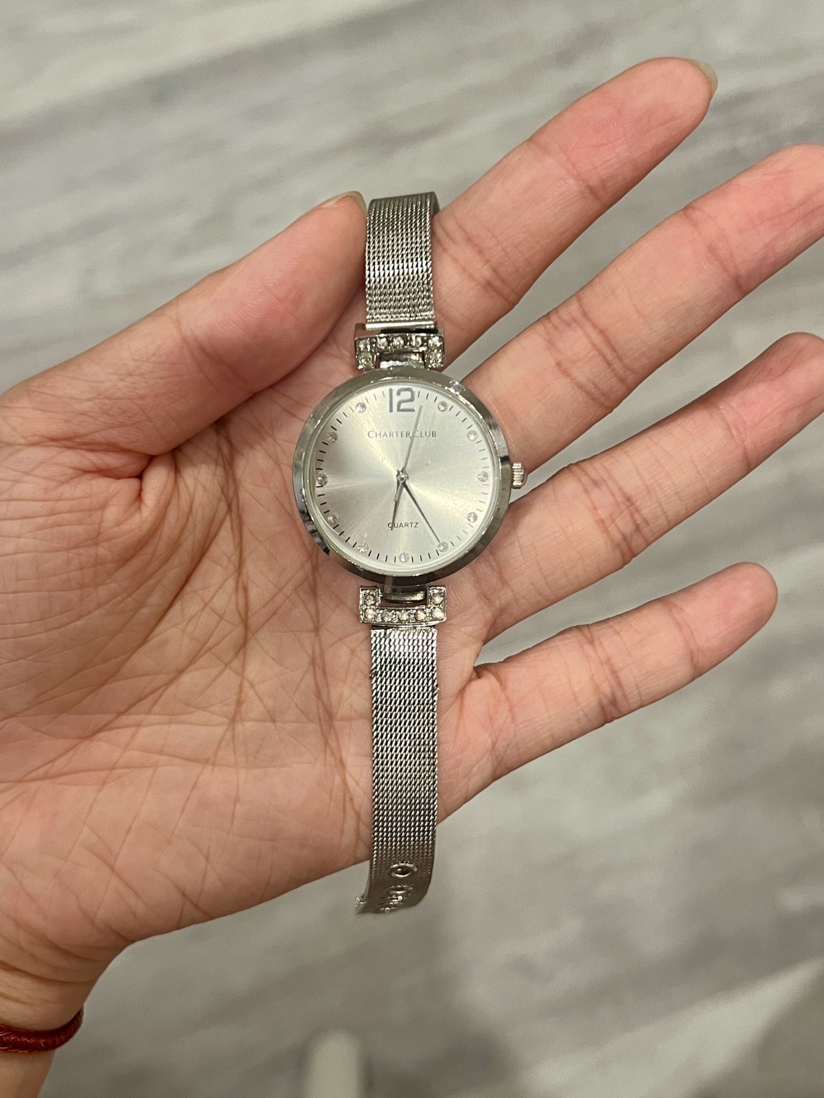 Charter Club Quartz Wristwatch Silver Tone Analog Bracelet Band Crystal Accents