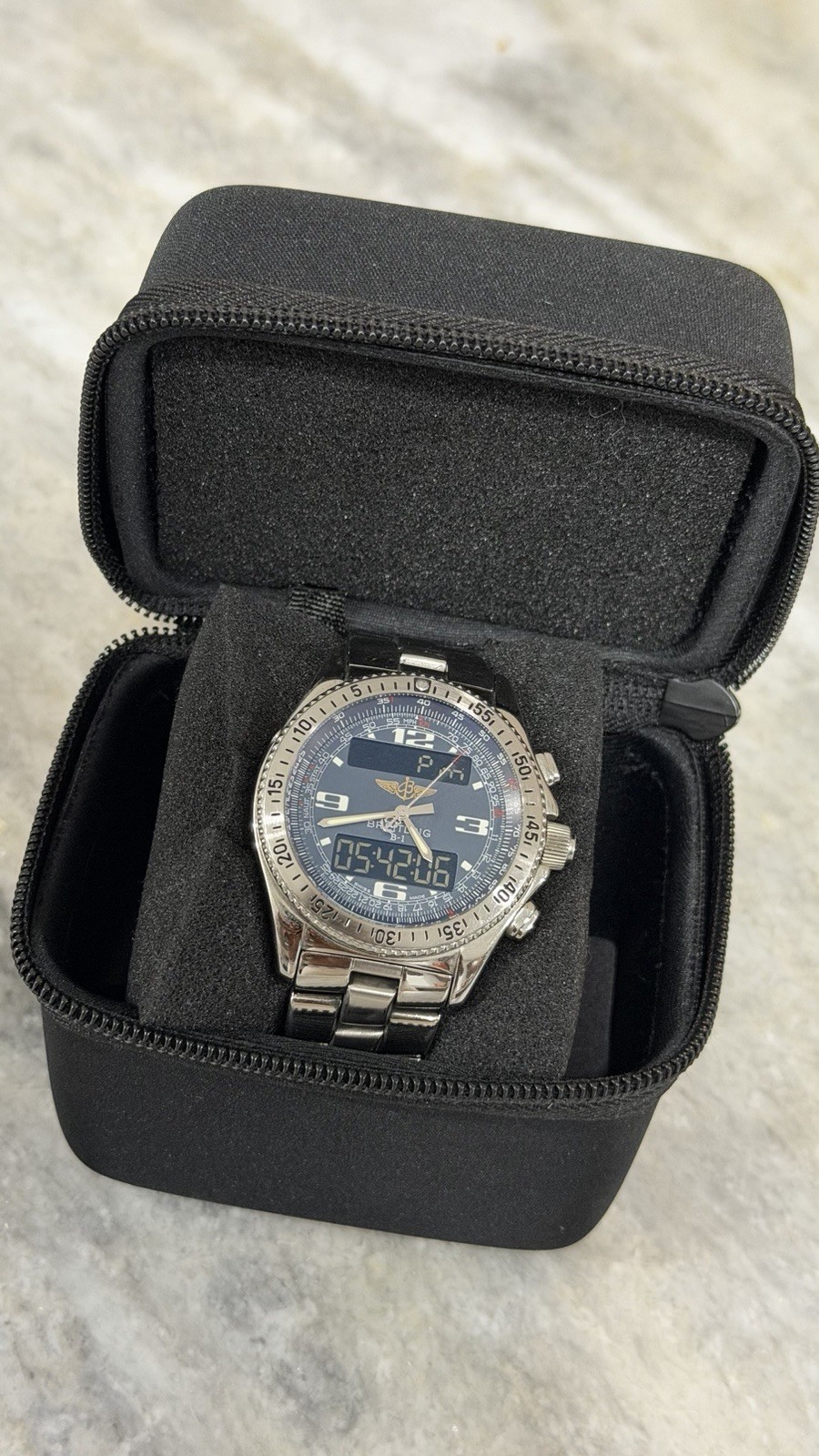 Breitling B-1 Mens Quartz Chronograph Analog-Digital Blue Dial Steel Bracelet
