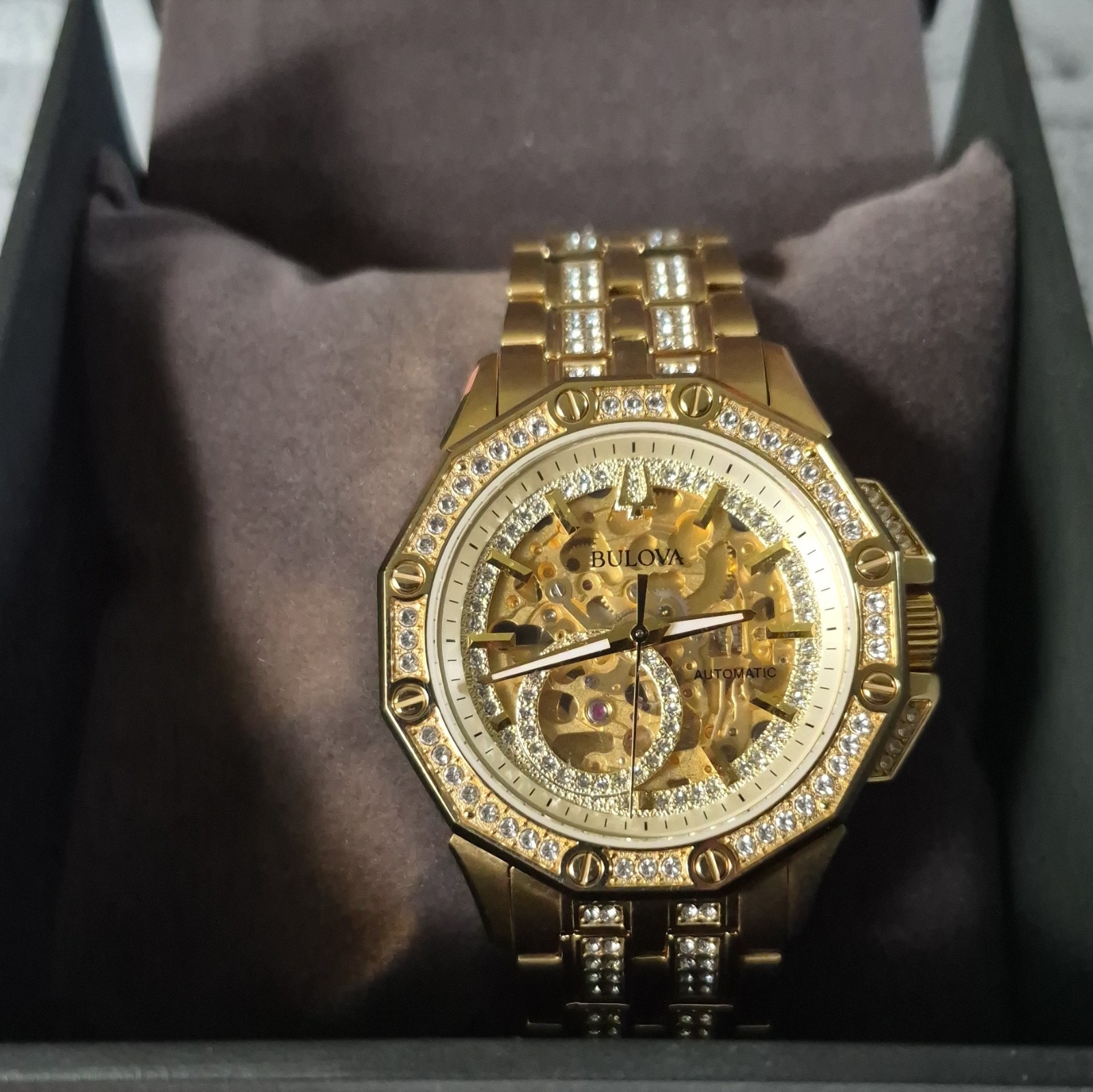 Bulova 98A292 Octava Crystal Gold Tone 42 mm Skeleton Dial Automatic Men’s Watch
