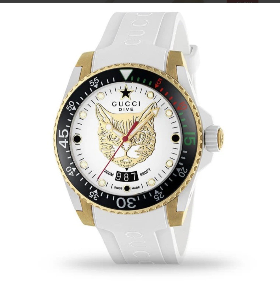 New Gucci Dive Ladies 40mm Gold Tone Feline Watch YA136322