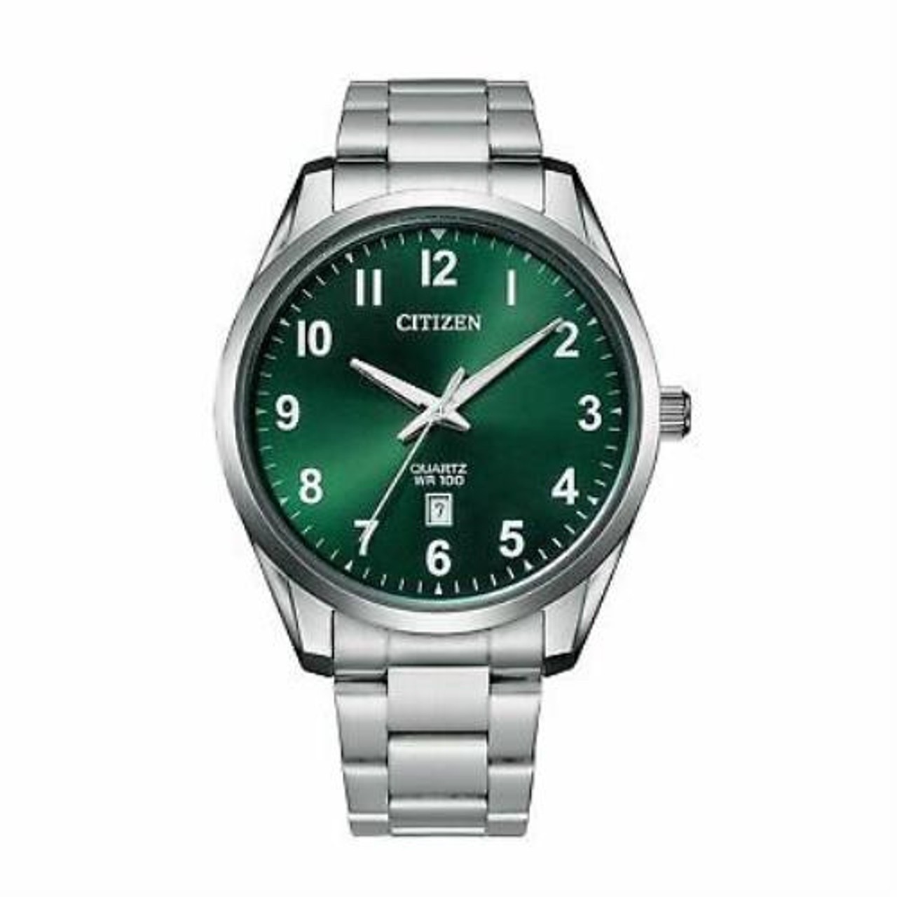Citizen Mens Quartz Silver Stainless Steel Green Dial Date 100M Watch BI1031-51X