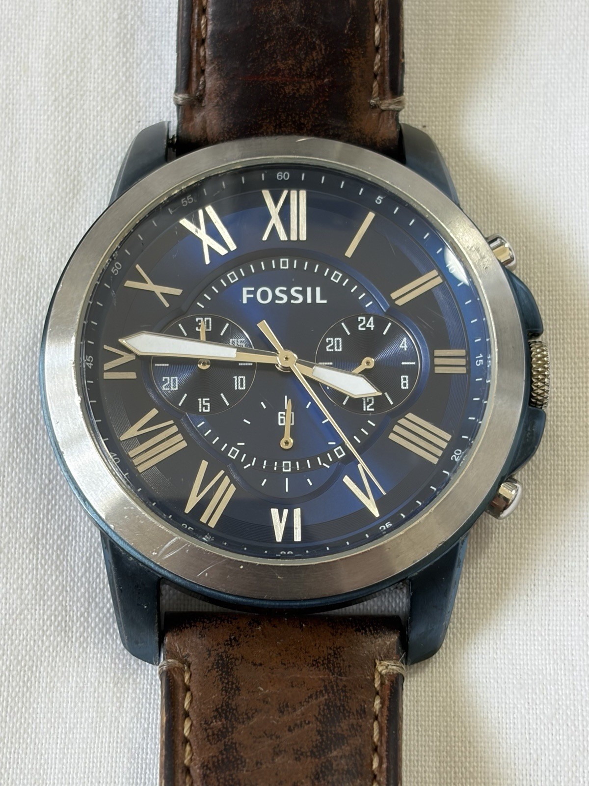 Fossil Grant FS5151 Chronograph Watch Blue Dial Brown Leather Runs