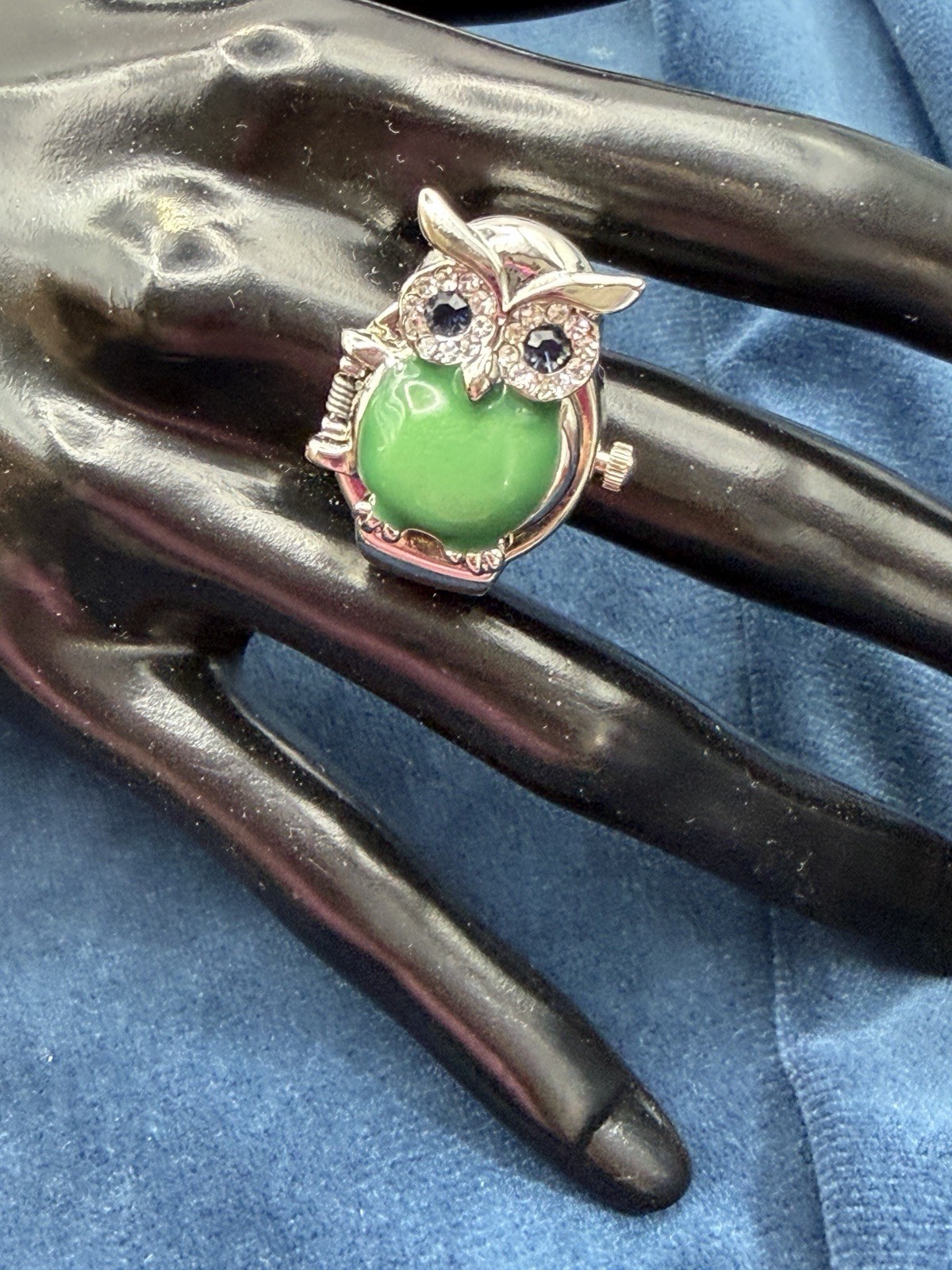 Strada Owl Ring Watch Adjustable Hidden Face Green Stone Rhinestones Silver Tone