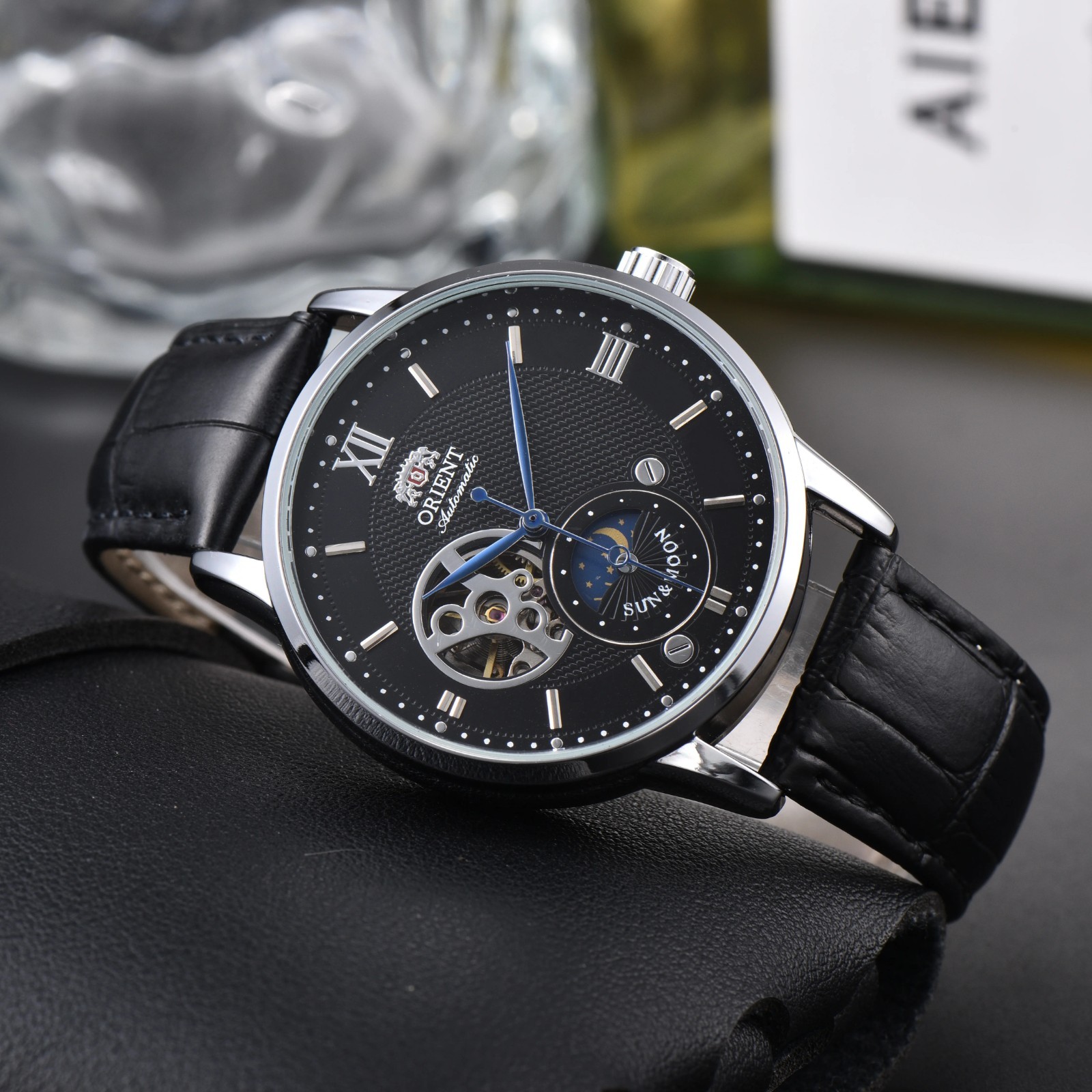 Orient Sun & Moon Semi Skeleton Automatic Watch Men’s Leather Strap Luxury Gift