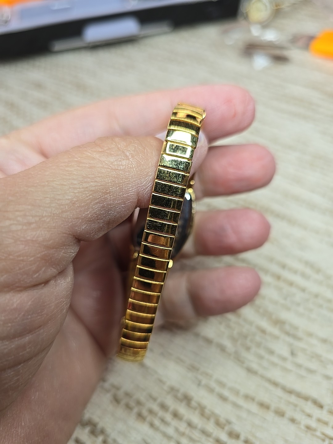 Bradford Exchange Moments of Faith” Ladies Stretch Watch Goldtone Blue MOP Face