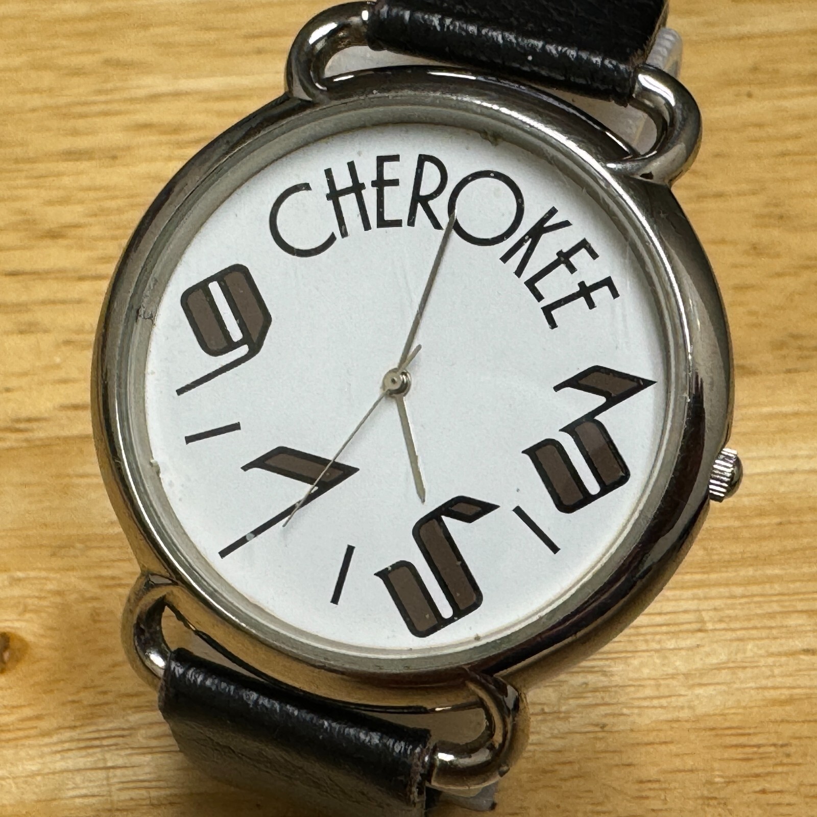 VTG Cherokee Quartz Watch Men Large 43mm Silver Leather Japan Movt New Battery
