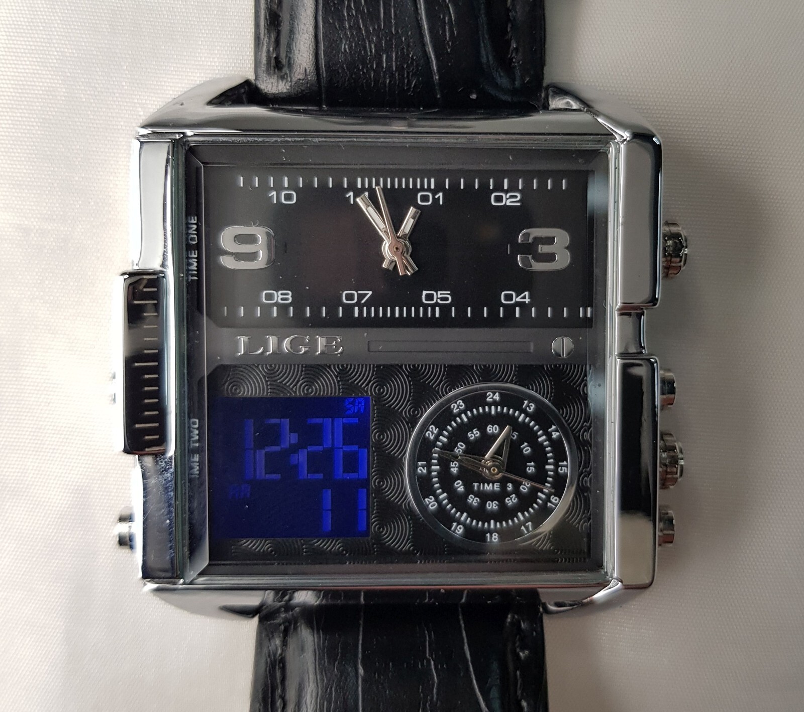 LIGE WW1734 MENS THREE TIMES ANALOGUE DIGITAL WATCH STAINLESS STEEL UNIQUE *READ