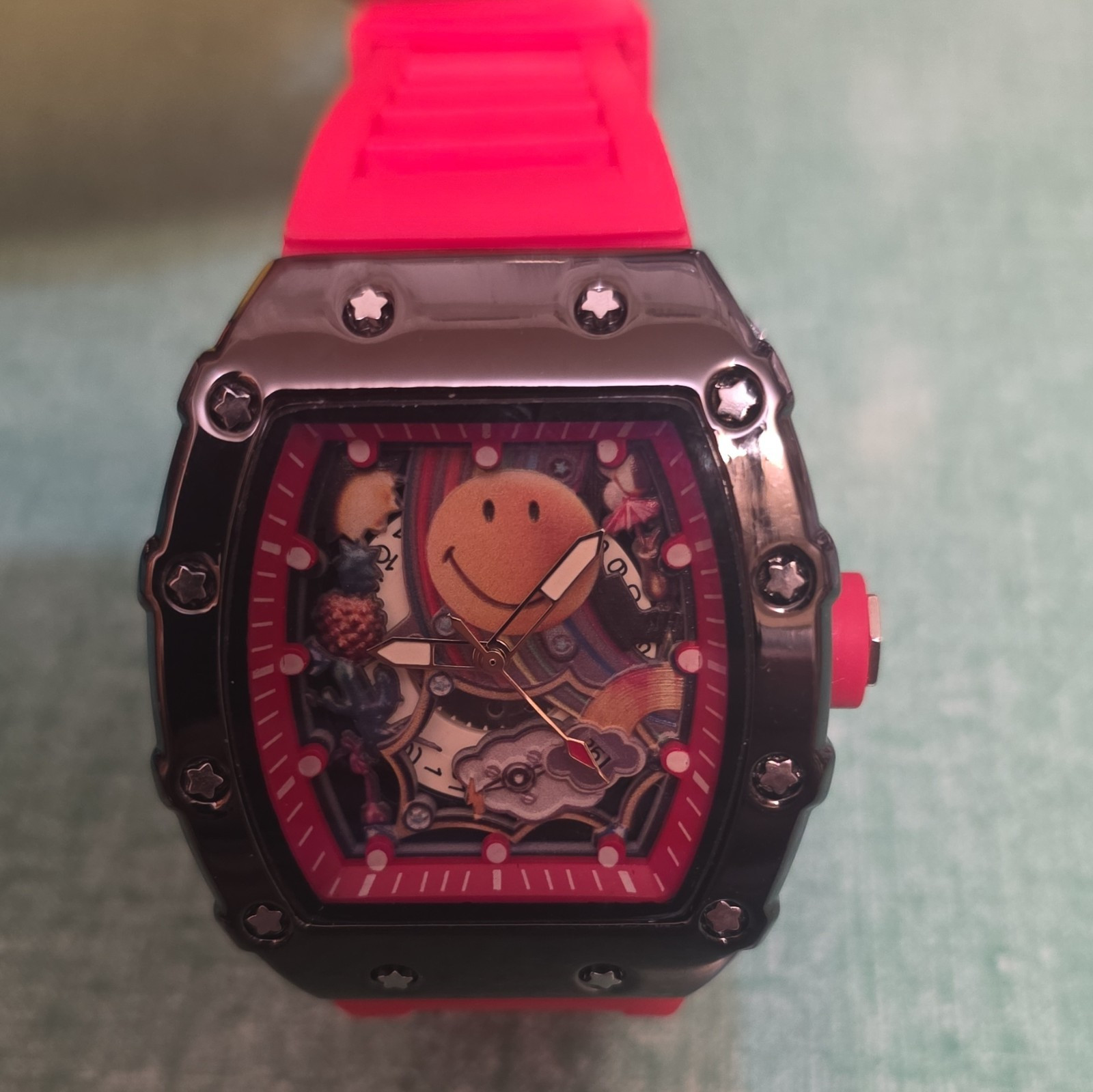 Analog Tonneau Wristwatch Multicolor/Red Dial Black Case Red Rubber Strap