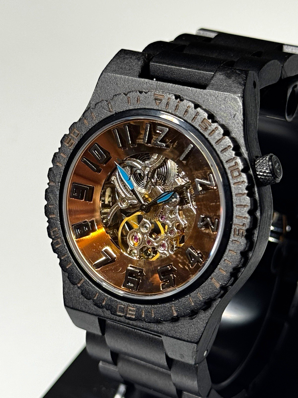 JORD Automatic Skeleton Dial Wood Bracelet Watch Black/Gold Exhibition Back