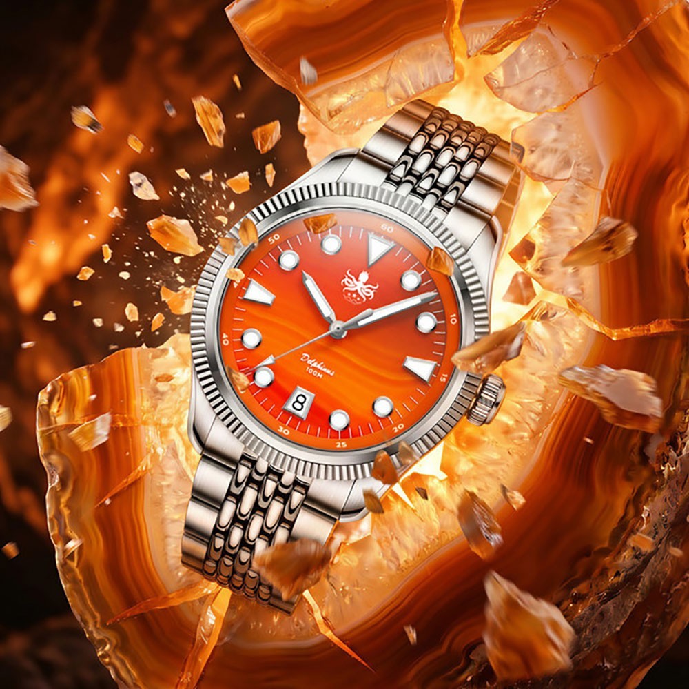 Phoibos Delphinus Agate Steel Automatic Orange Stone Date Men’s Watch