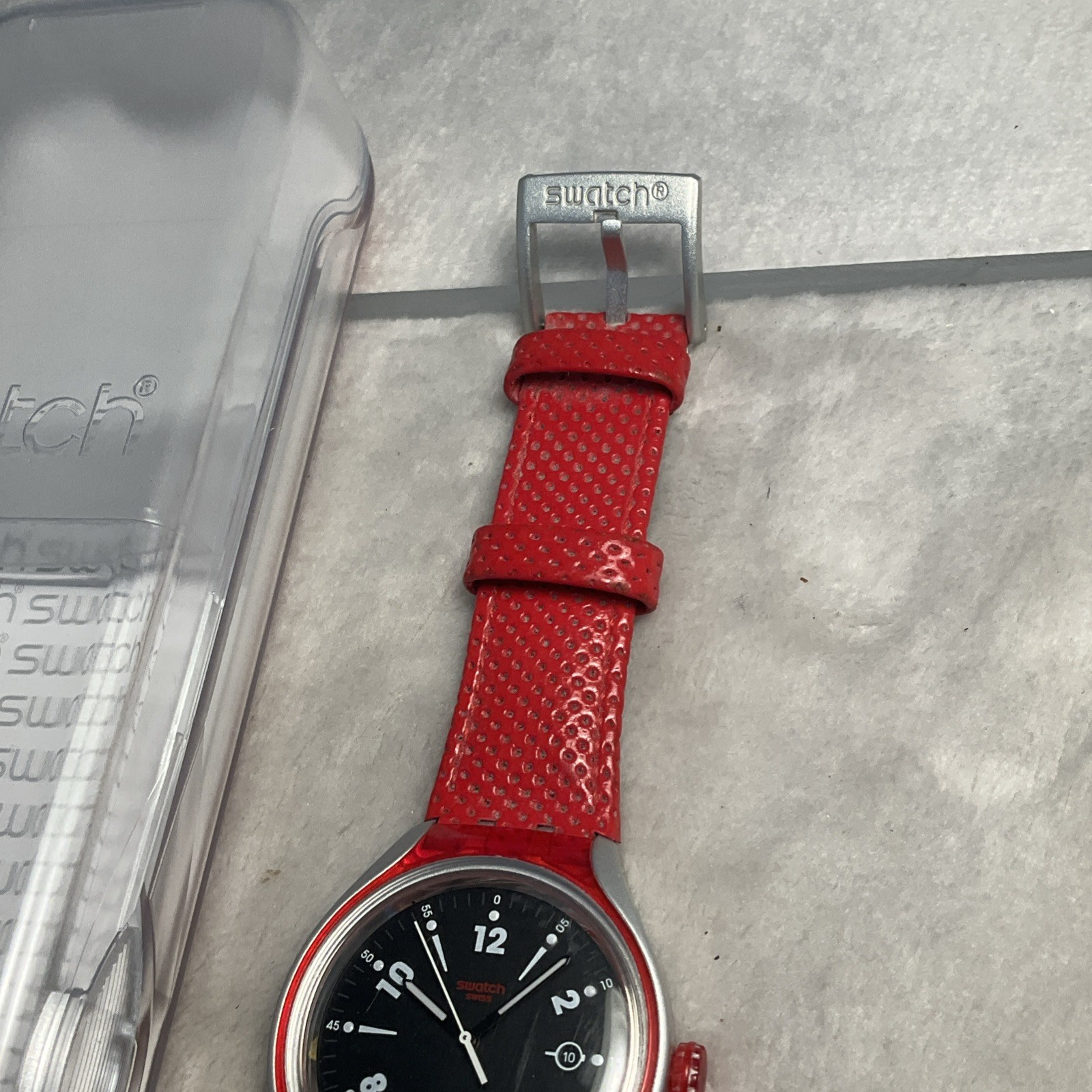 New Swatch Irony GO JUMP X-lite Aluminum Red Leather Men’s Watch YES4001 Works!