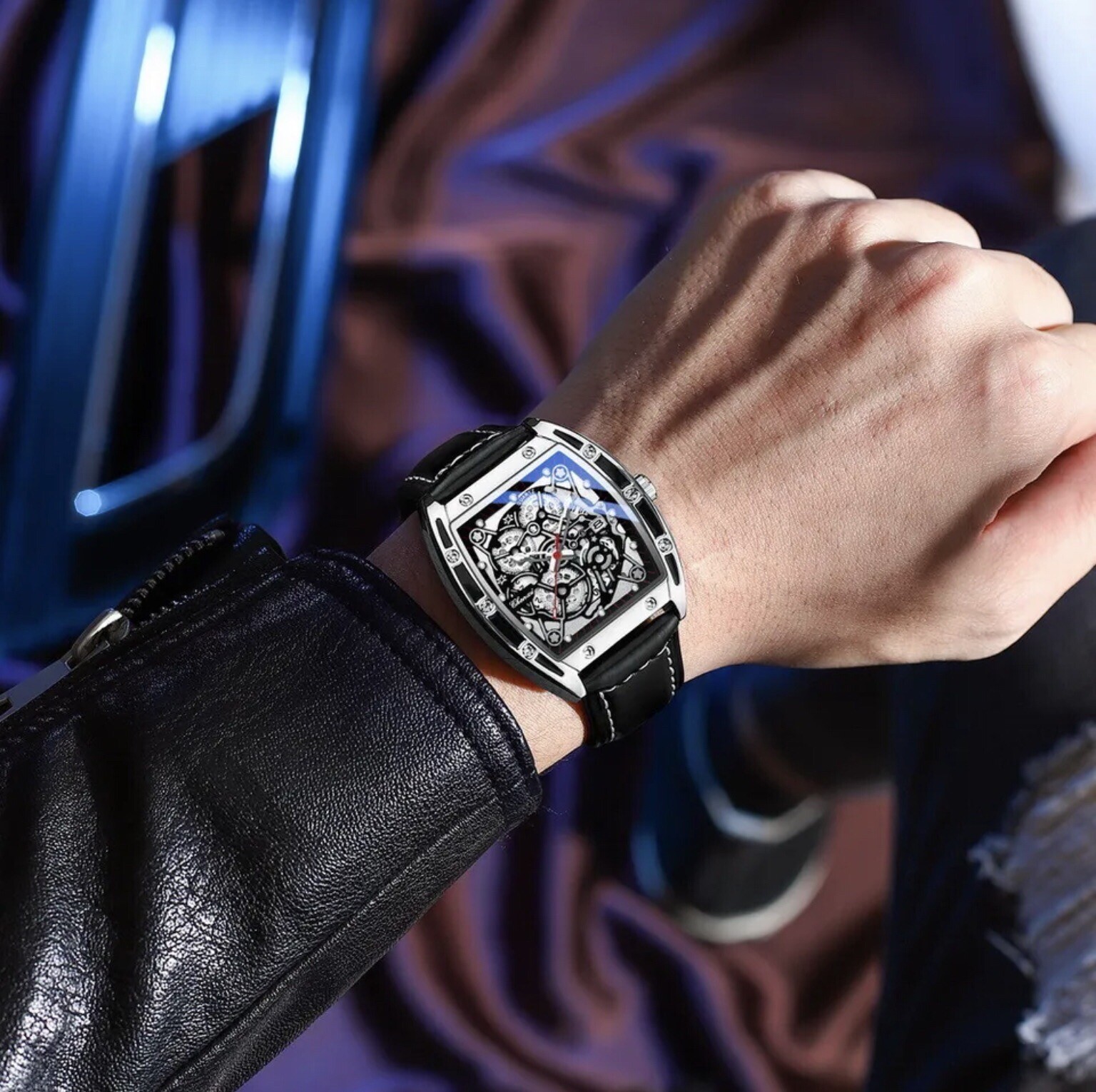 CHENXI Men’s Skeleton Automatic Mechanical Tonneau Shaped Watch Waterproof Gift