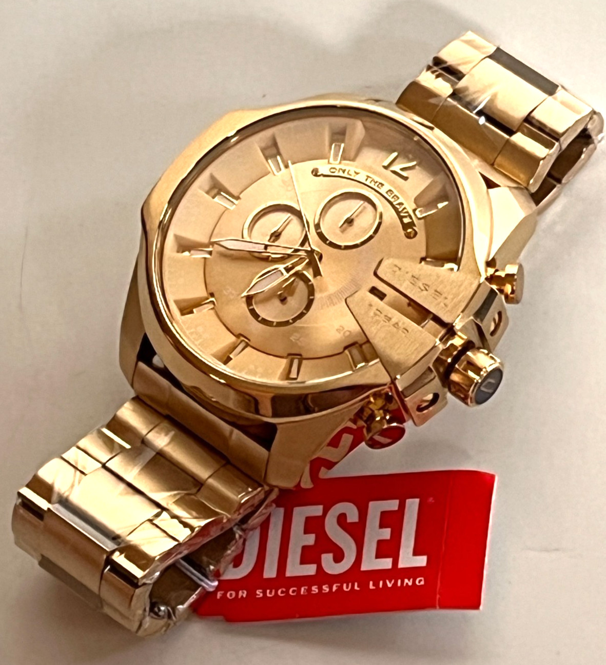 DIESEL DZ4360 Mega Chief Men’s Gold-Tone Chronograph Watch BN Gift Box $270