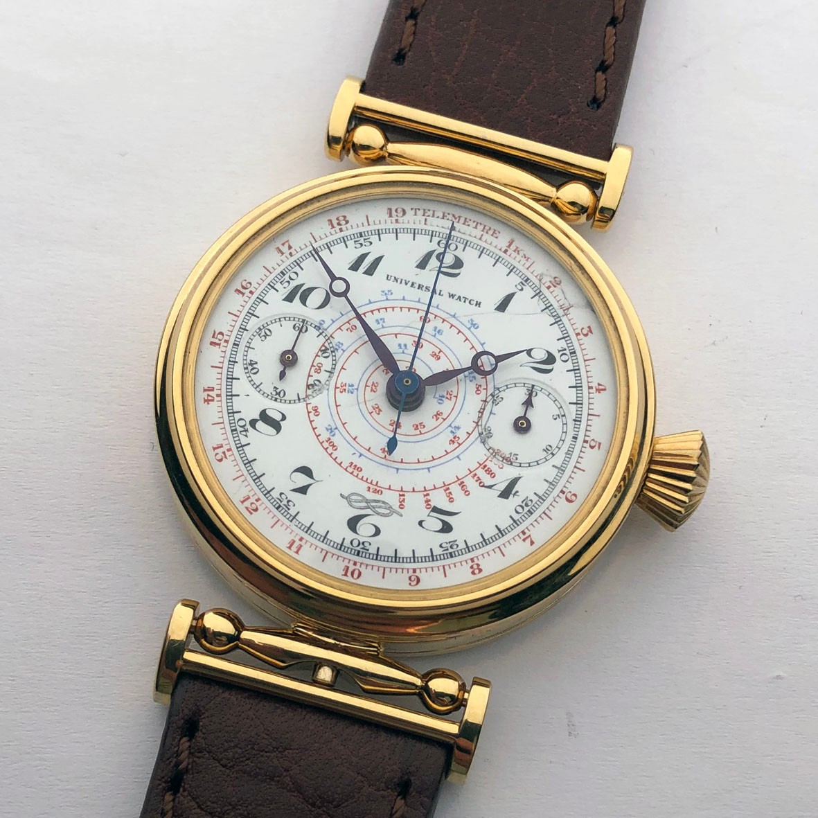 Rare ANTIQUE Mechanical Marriage Swiss Wristwatch UNIVERSAL Chronograph Gilt