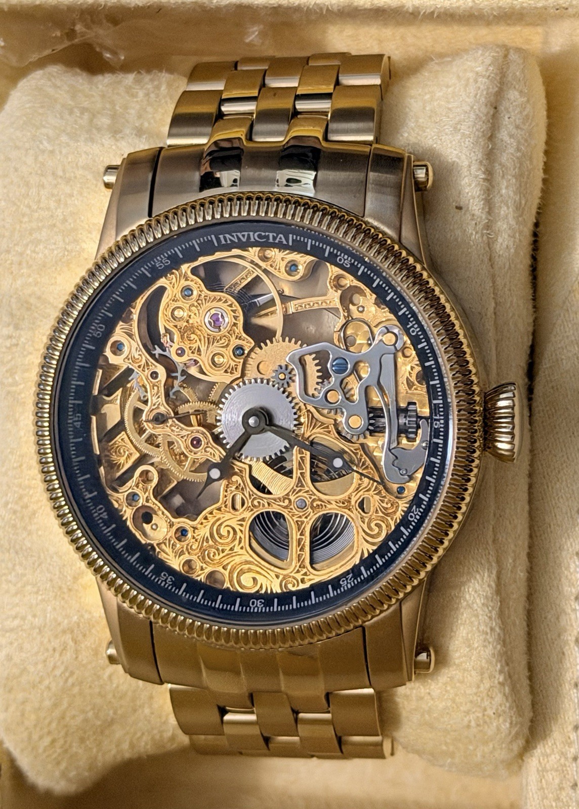 Rare Invicta 17J Skeleton Manual Wind-Up 18K Gold Coin Edge Bezel Model 0053