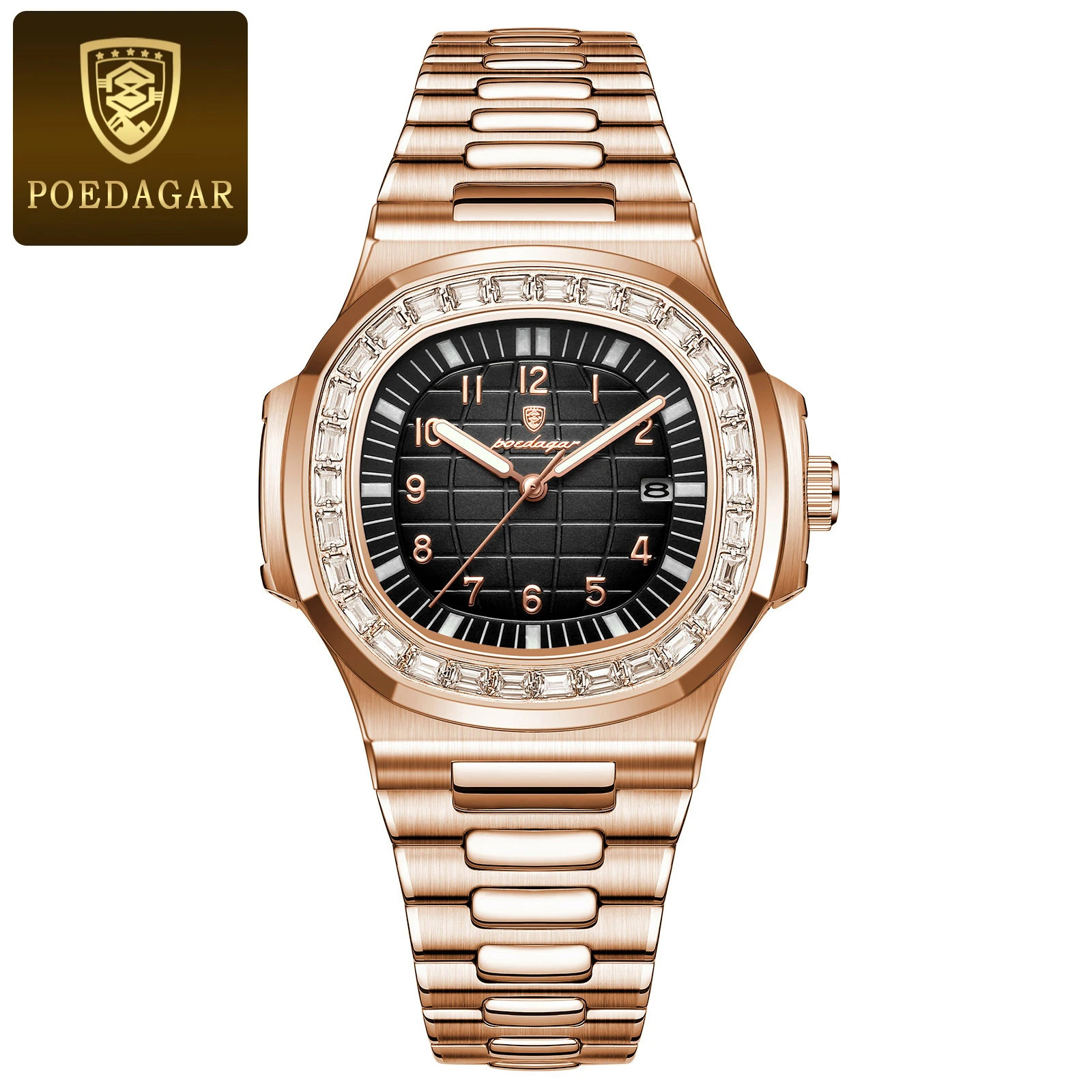 POEDAGAR Men’s Square Quartz Watch Waterproof Luminous Date Stainless Steel