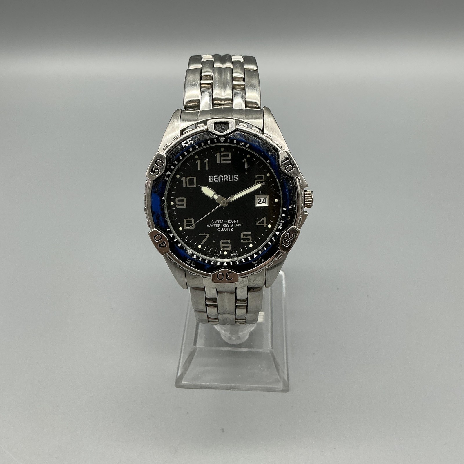 Benrus BNW707 Mens Watch 39mm Black Dial Silver Tone Bracelet New Battery 7.5″