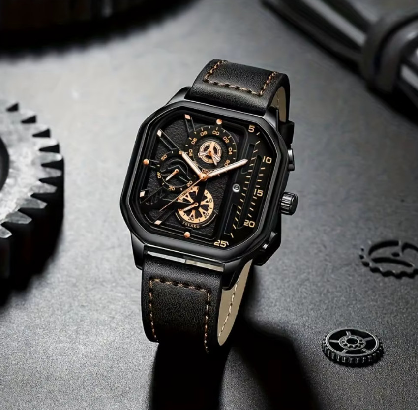 YOLAKO Luxury Square Men’s Quartz Watch Black Leather Strap Casual Fashion Wrist