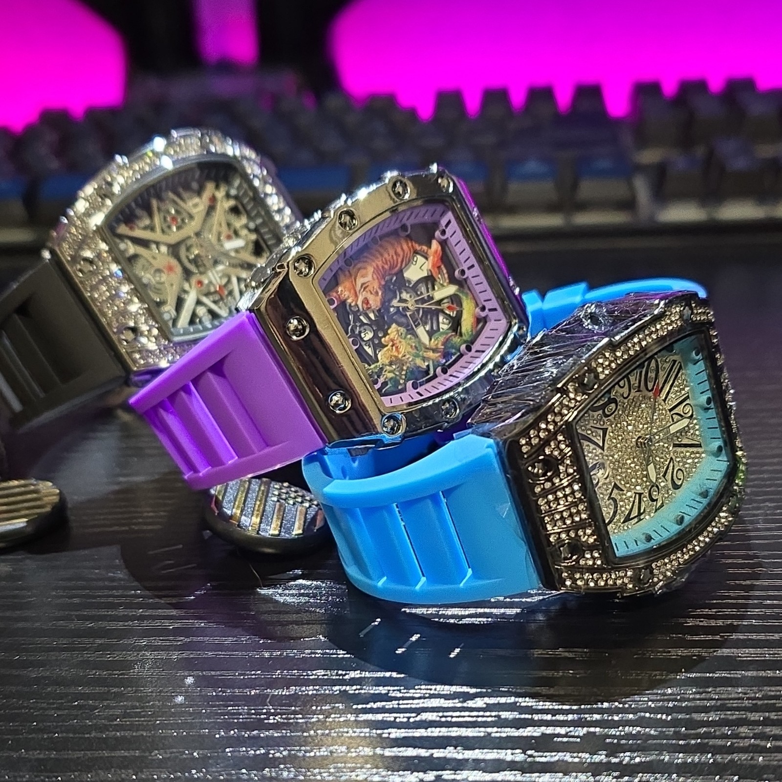 Luxury Watch Set Blue Purple Black Rubber Bands Skeleton Dial Stainless Steel