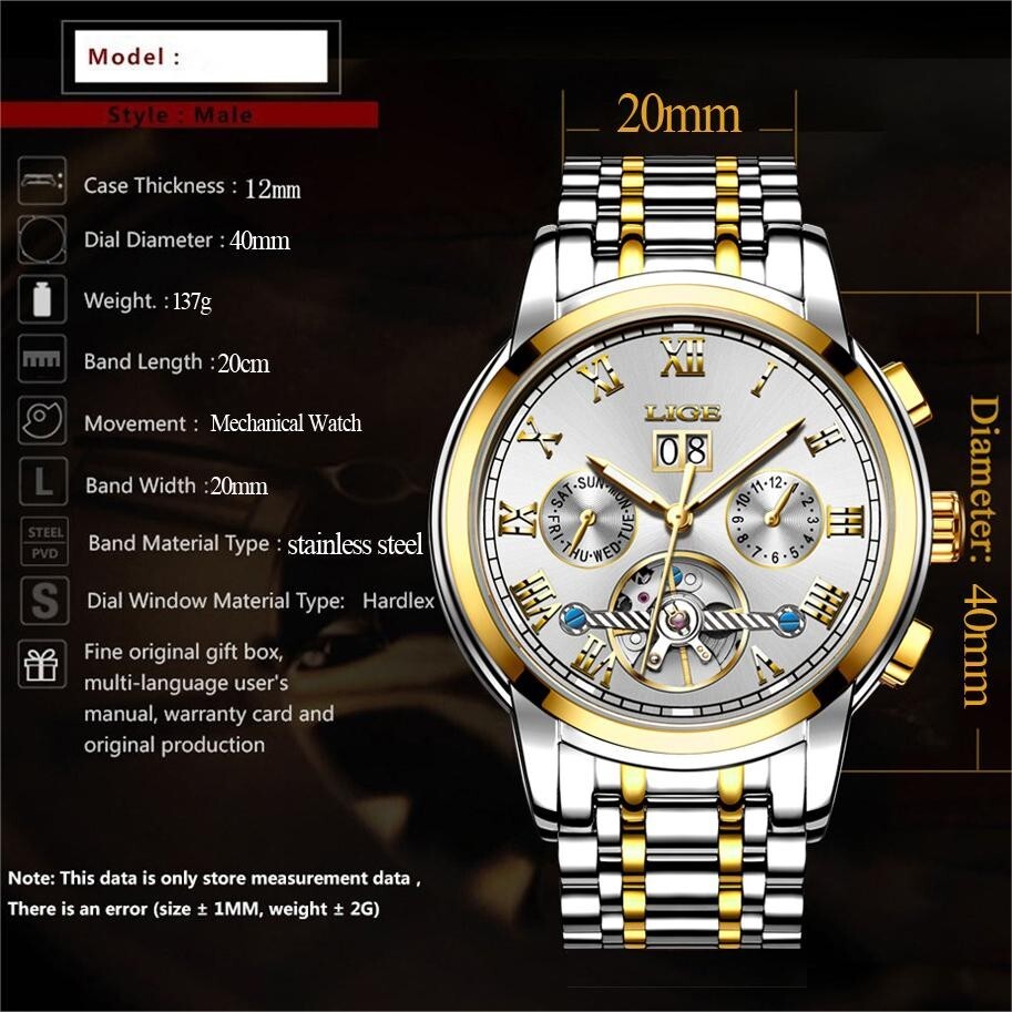 Men Watch Automatic Mechanical Date Week Month Luminous Multifunction Wristwatch