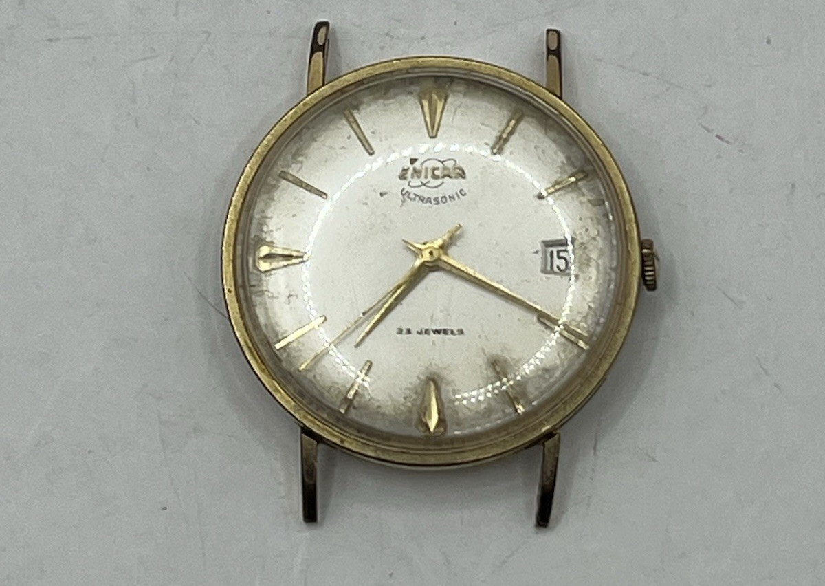 VINTAGE ENICAR ULTRASONIC SILVER DIAL 23j 100/149 CPS AUTOMATIC WATCH ~ AS IS ~
