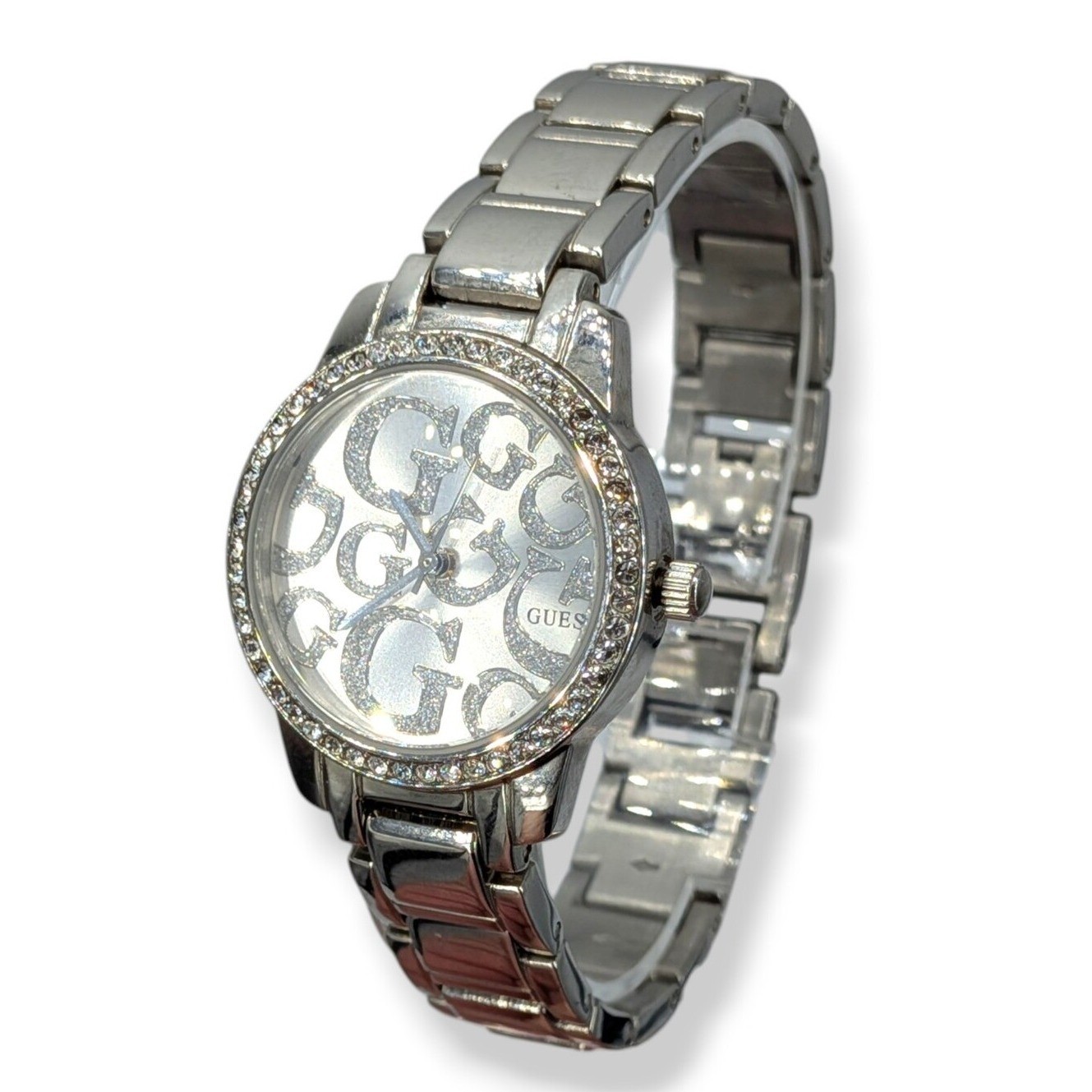 Guess Silver Watch Crystal Women Rhinestone Bezel Sparkling Logo Stainless Steel