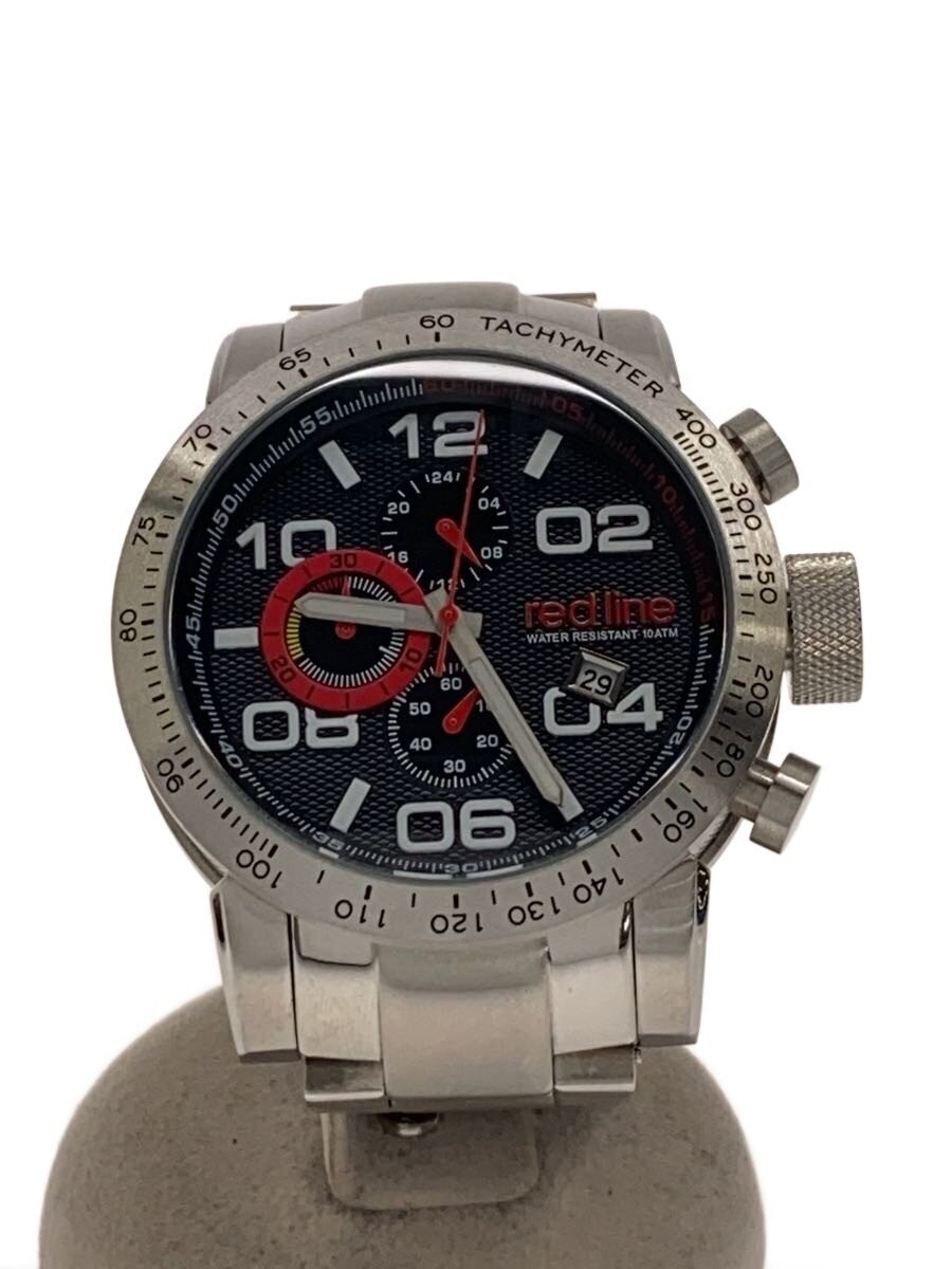 red line Analog Black Silver Quartz Large Case Watch Excellent JAPAN