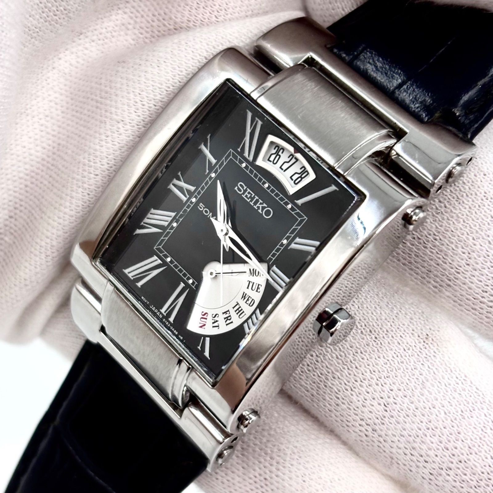 Working Belt SEIKO Quartz Rectangular Watch Roman Index Retrograde Hardlex Cryst