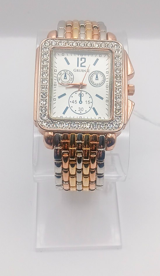 *New Battery* Gruen II Women’s Watch Tri-Tone Rose Gold Silver Rectangular Bezel