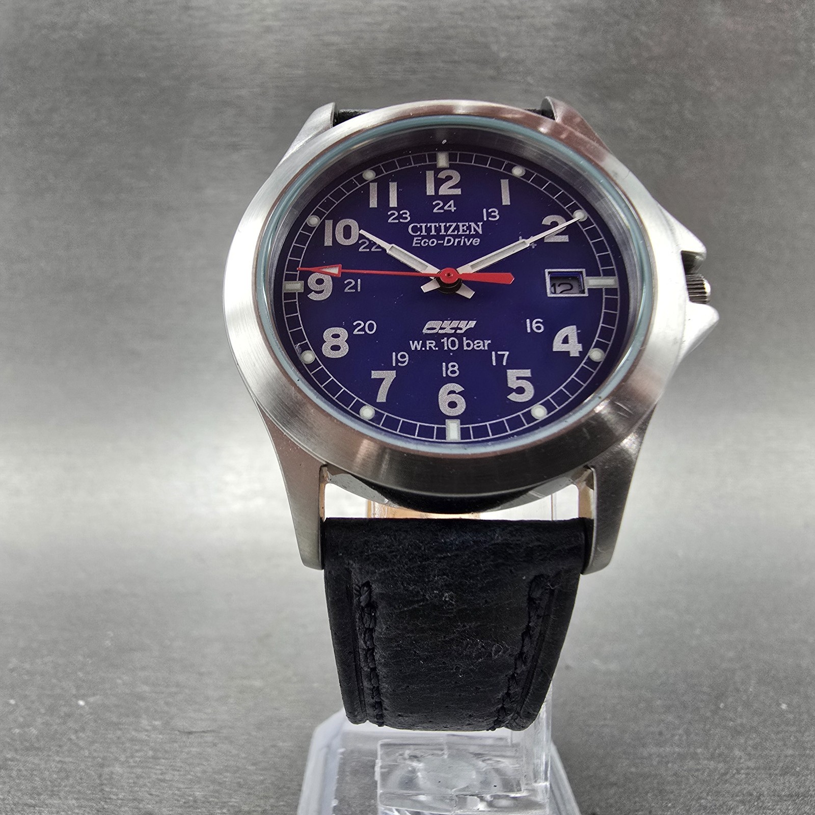 Citizen Eco-Drive Oxy Watch Men 36mm Blue Dial Silver Tone Date E110-S92685 Runs