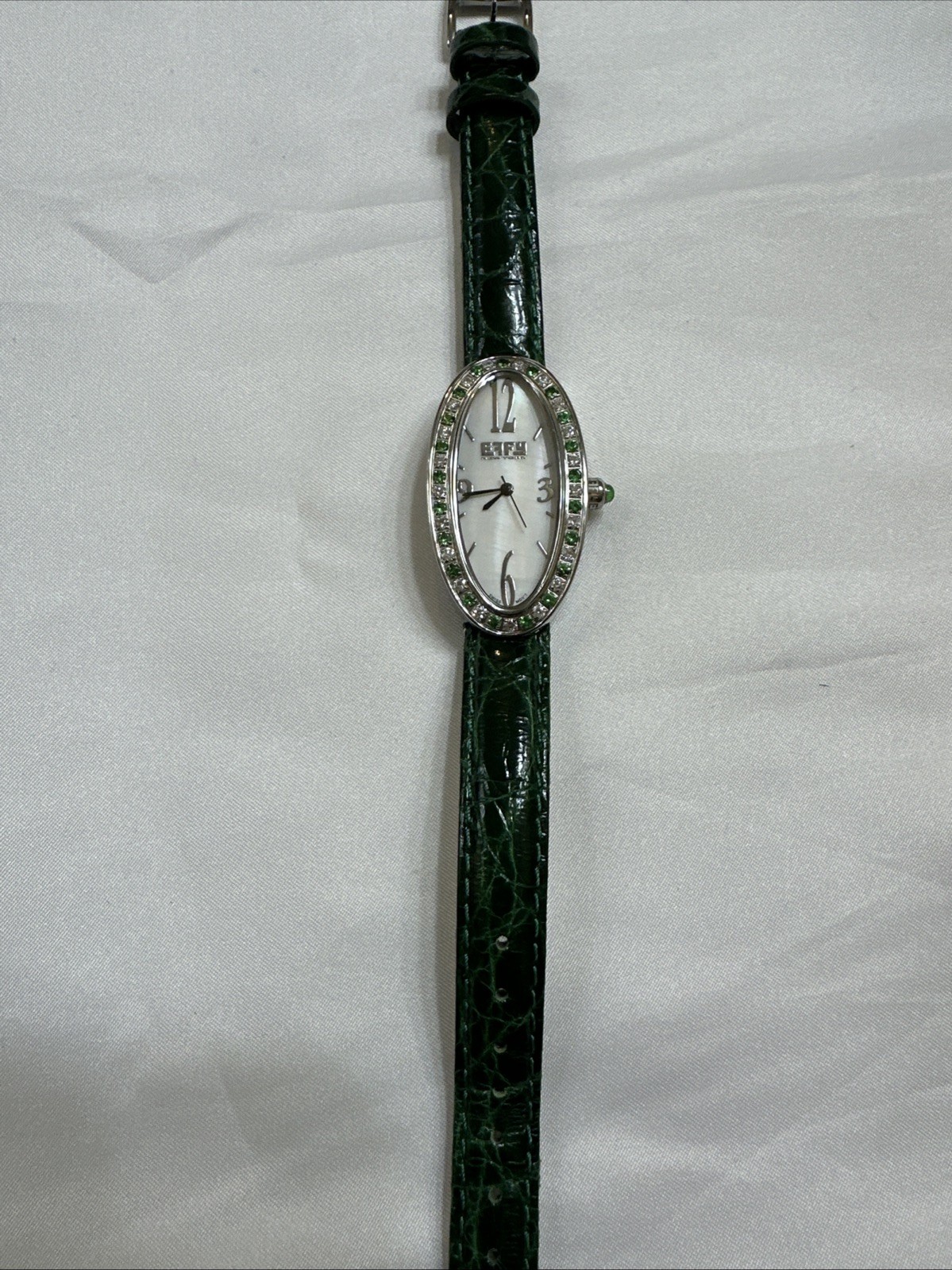 Effy Diamond & Tsavorite 1.78 Ct Swiss Quartz Ladies Watch Green Crocodile Strap