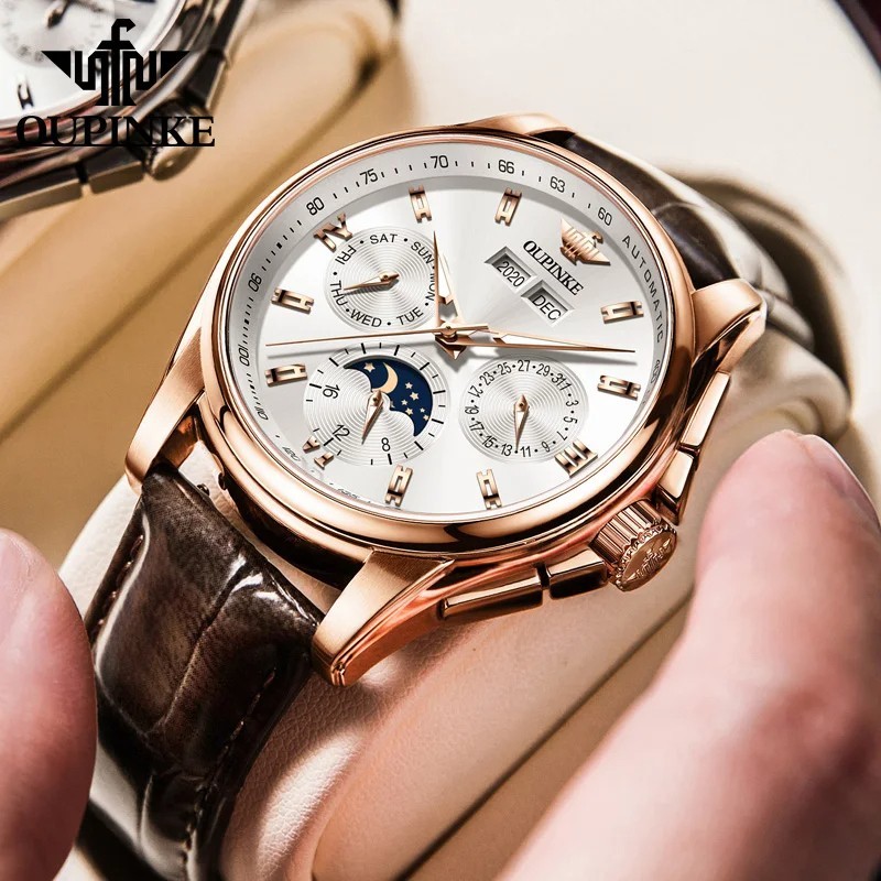 Automatic Mechanical Watch Waterproof Moon Phase Luxury Dial Men’s Men Strap