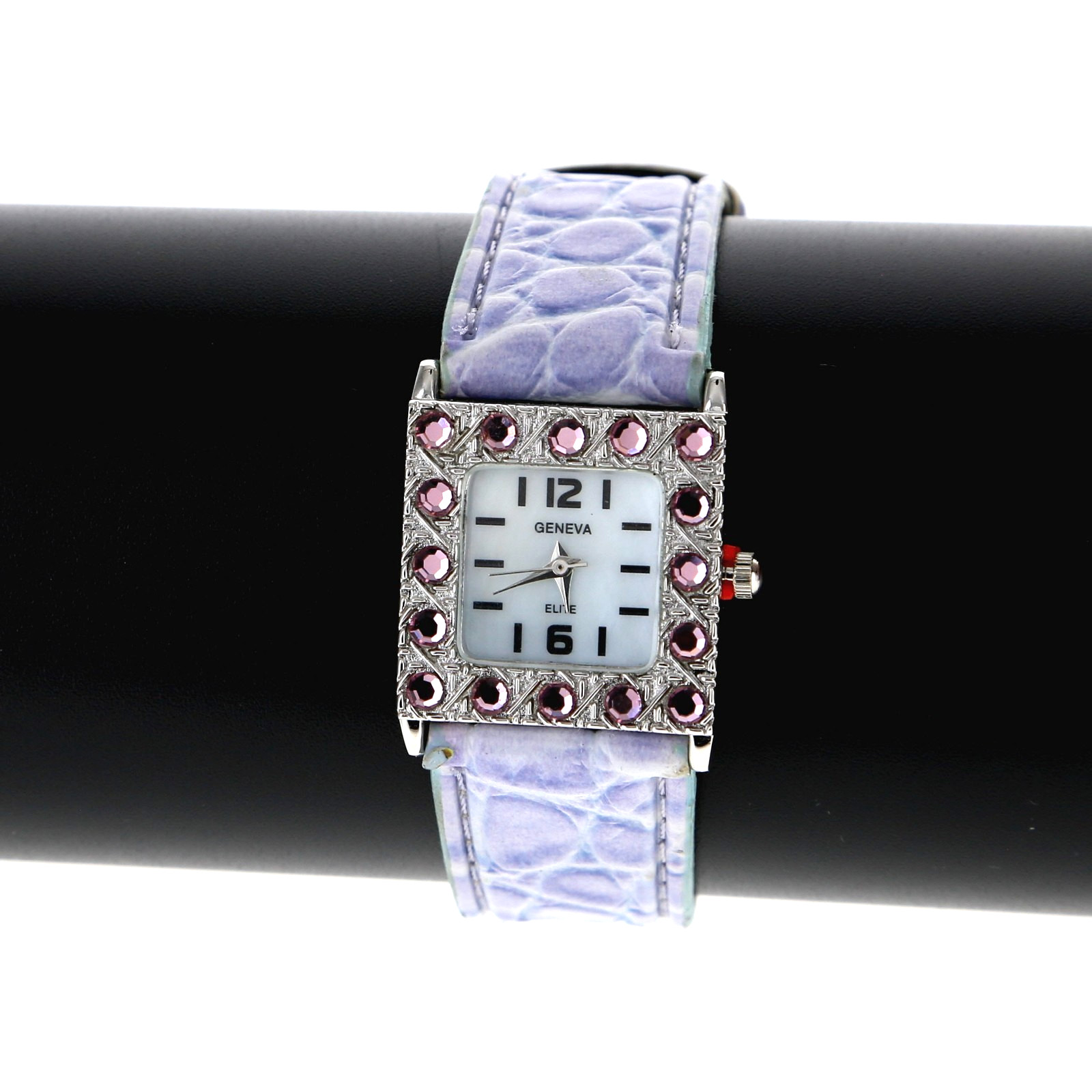Square Geneva Purple Rhinestone Dial Women’s Watch Purple Leather Band