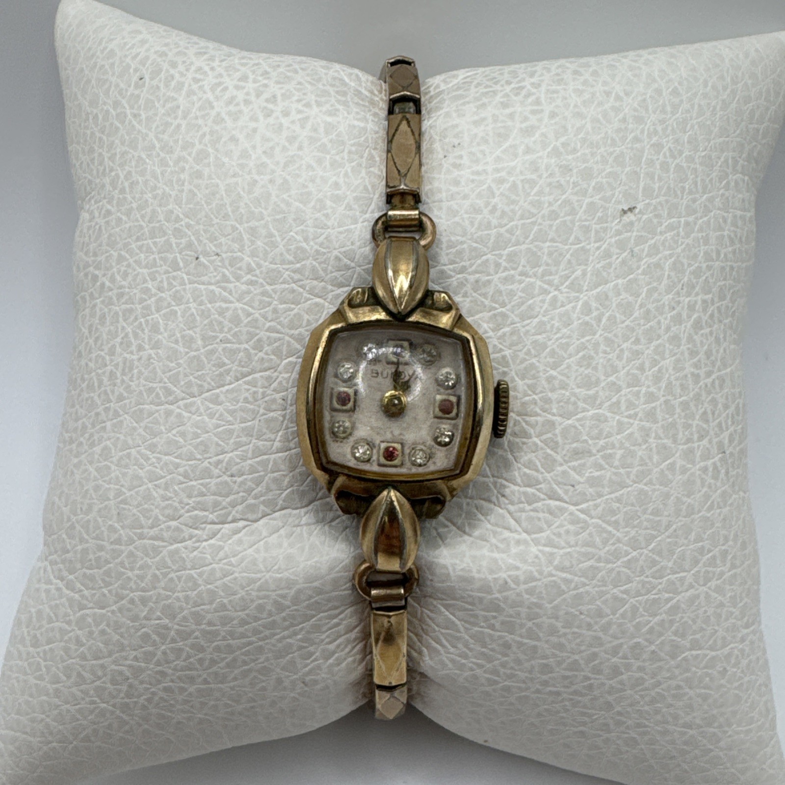 Vintage BULOVA Art Deco Gold Plate Ruby Diamond Face Ladies Watch Not Working