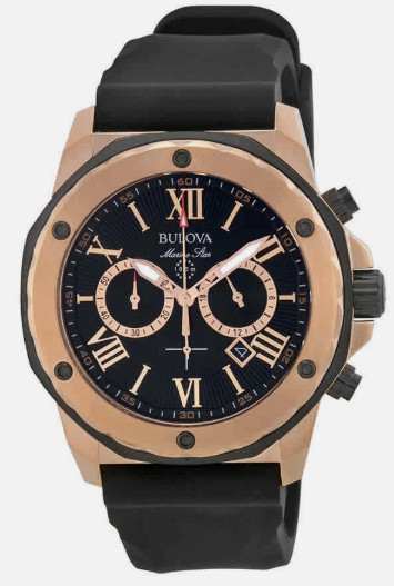 BRAND NEW Bulova Marine Star Black Dial Silicone Band Men’s Watch 98B104