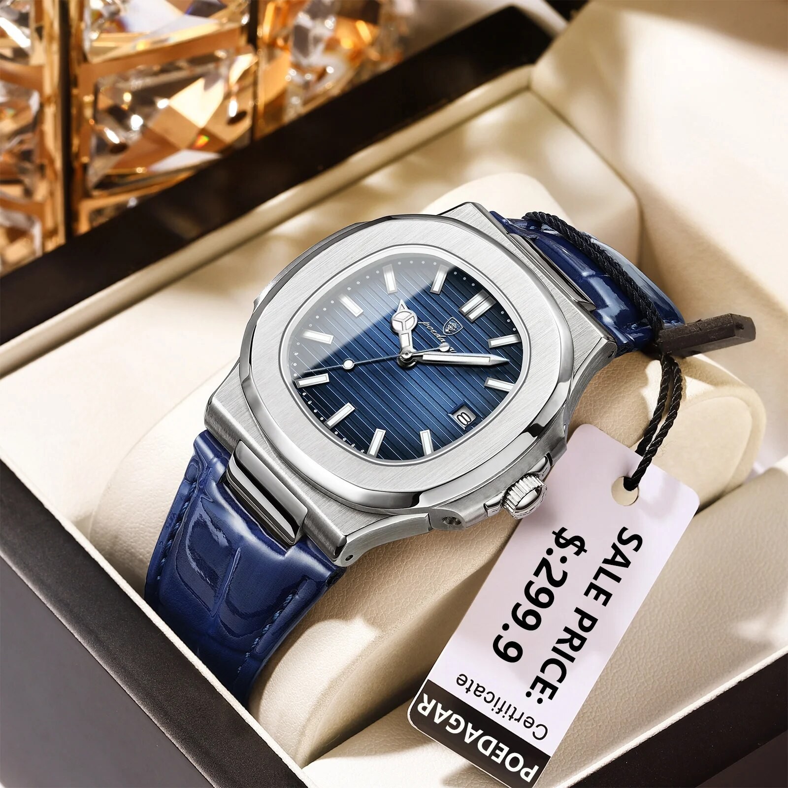 POEDAGAR Luxury Business Men’s Quartz Watch 3Bar Square Luminous Date Stainless