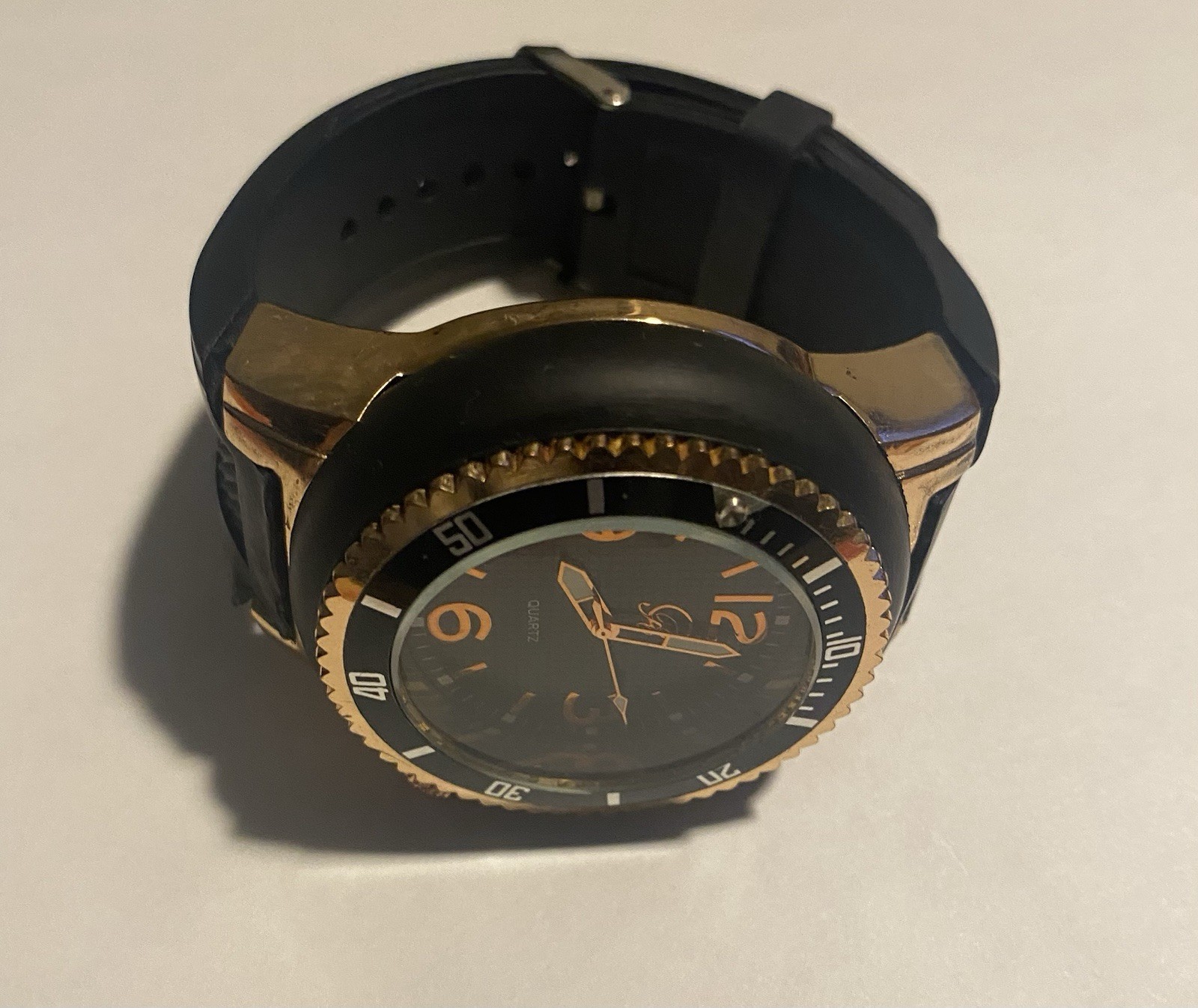 Quartz Men’s Large Watch Rose Gold/ Black Silicone Band