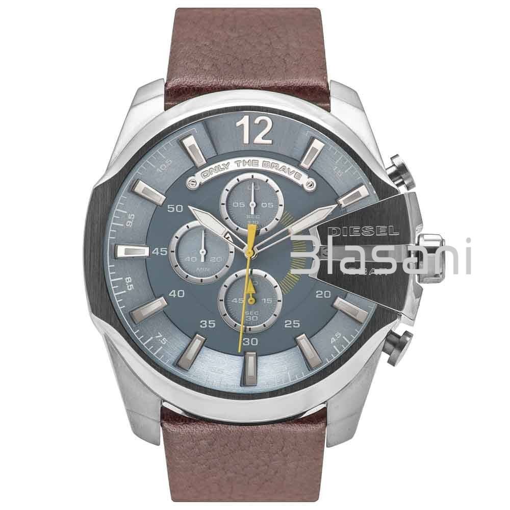 Diesel Original DZ4281 Mega Chief Men’s Silver Brown Leather Strap Watch 51mm