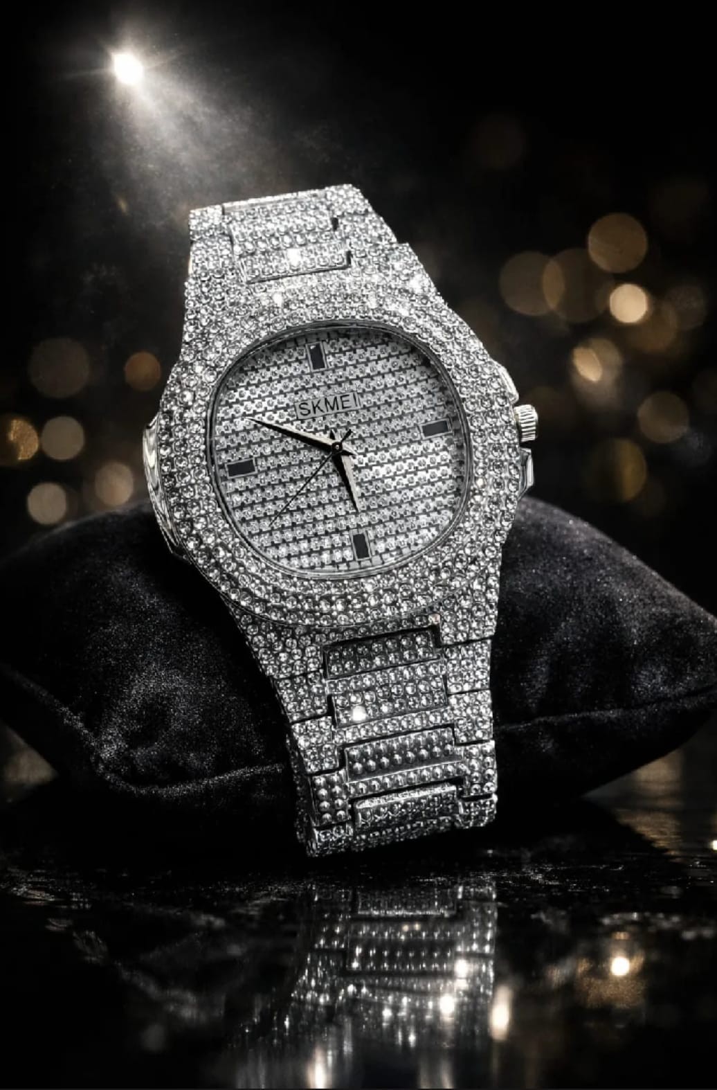 SKMEI Men’s Iced Out Silver Watch Quartz Analog Rhinestone Luxury Wristwatch