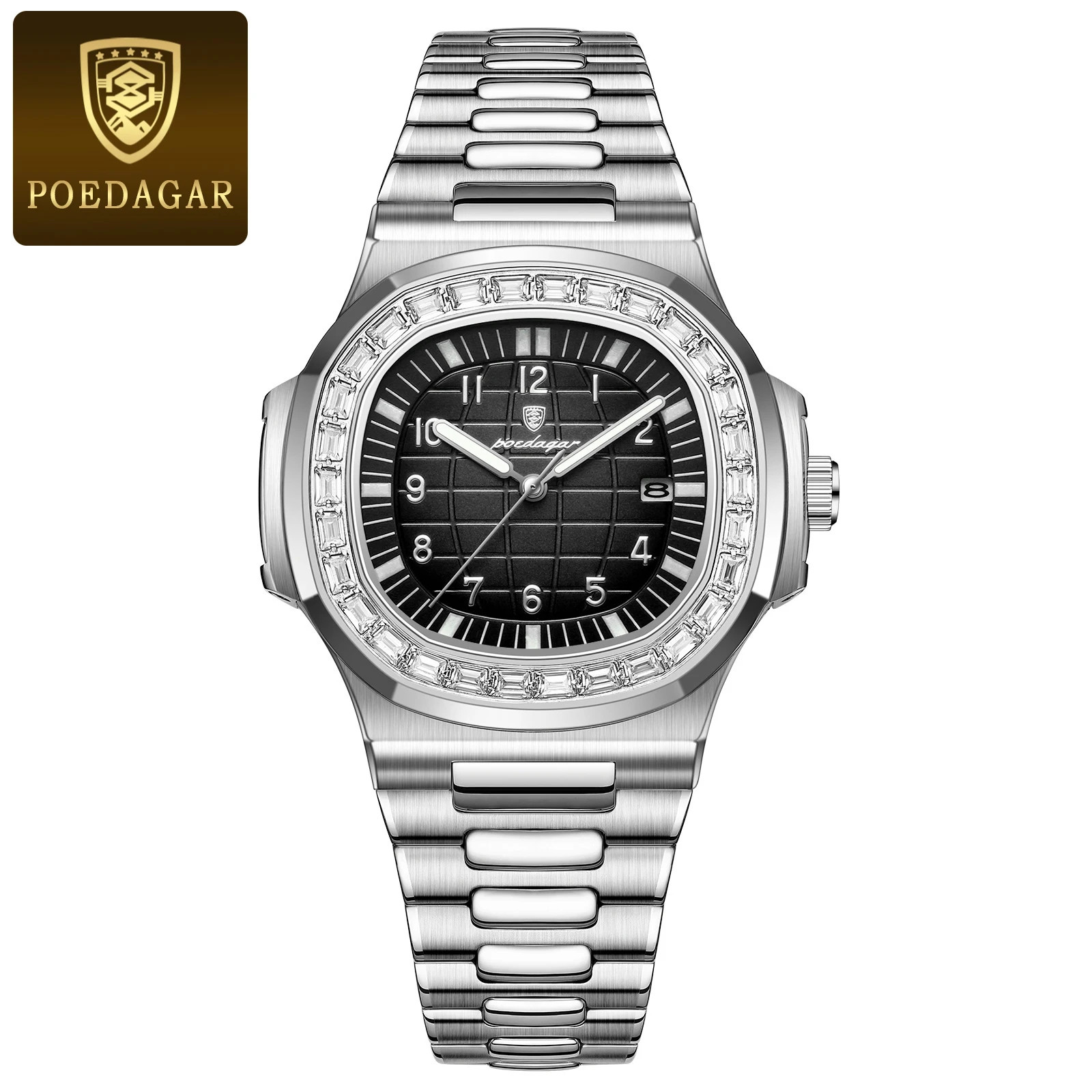 POEDAGAR Men’s Square Quartz Watch Waterproof Luminous Date Stainless Steel