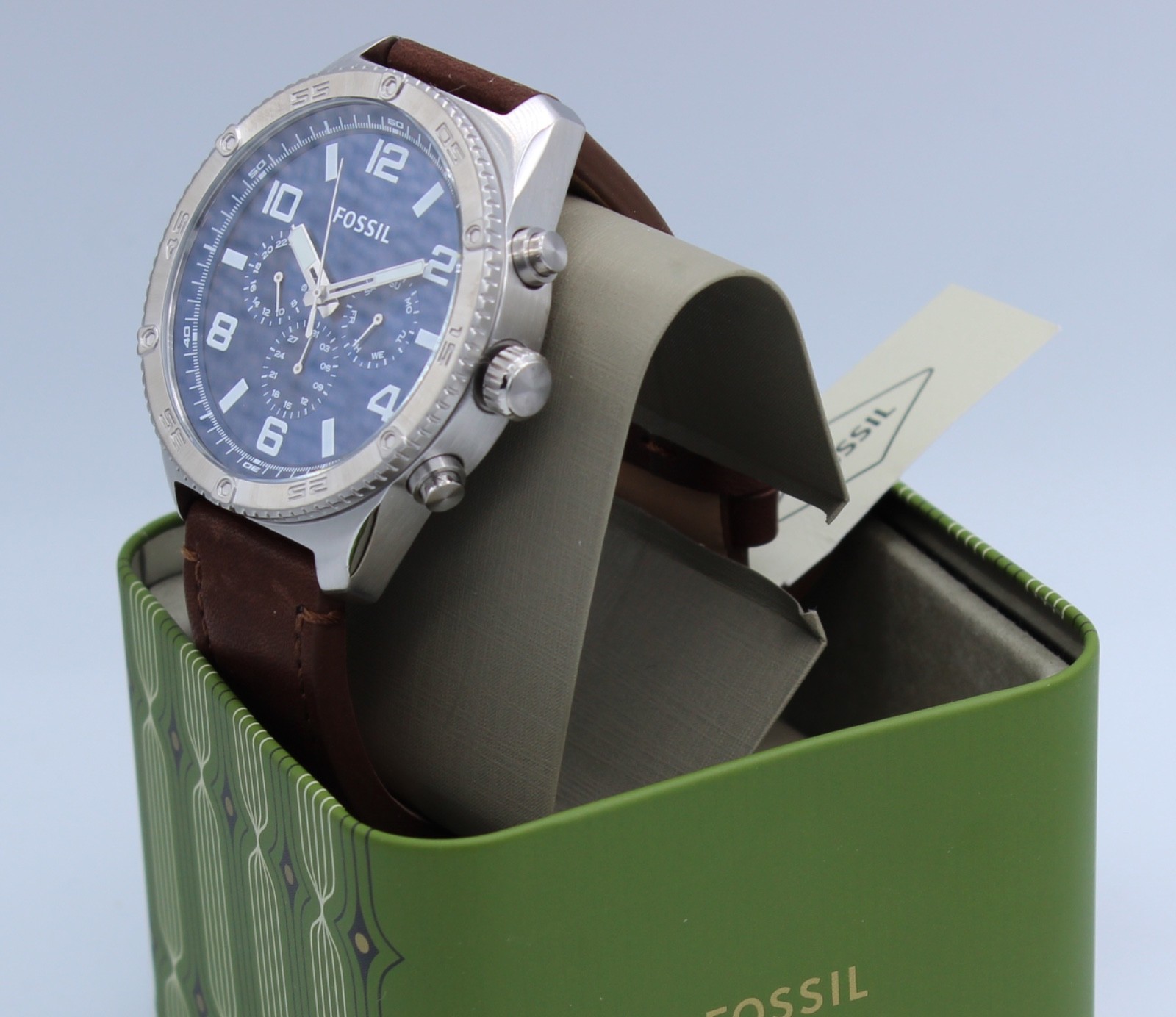 Fossil Brox Silver Blue Chronograph Brown Leather BQ2799 Men Watch